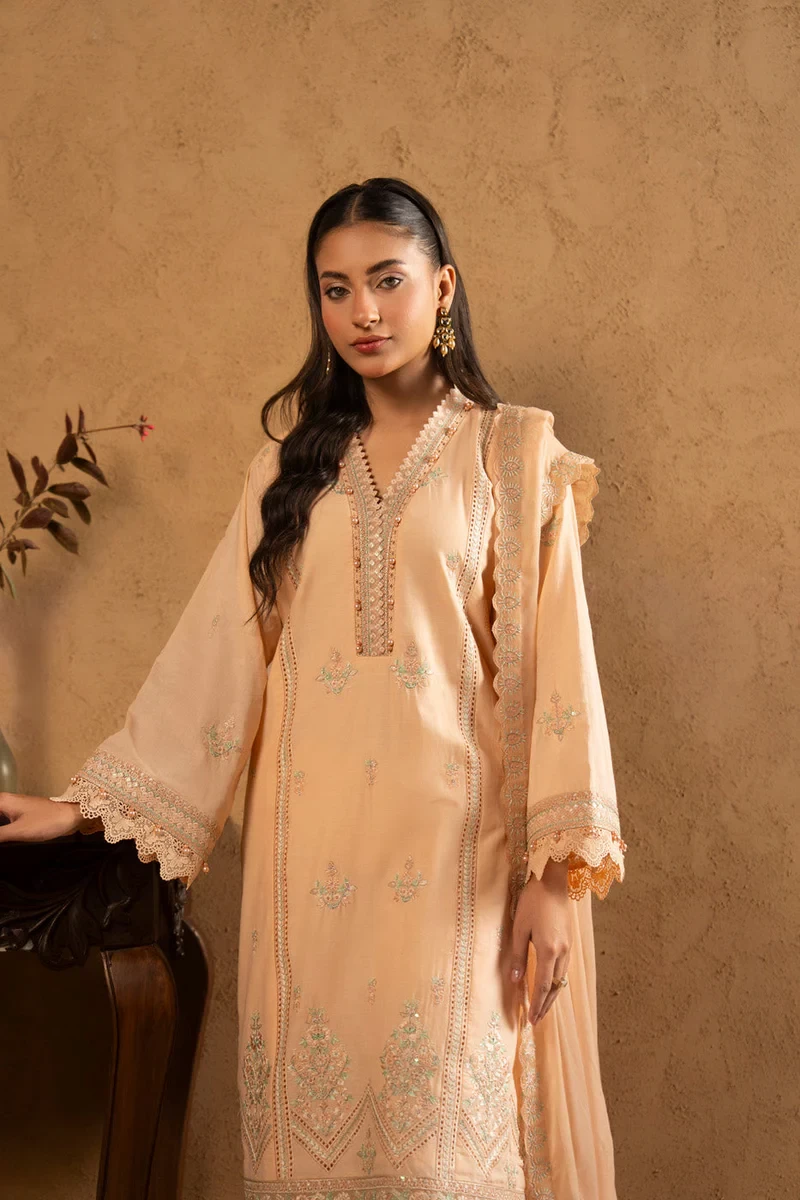 RTS | SHIRT, TROUSER & DUPATTA LAWN | EMBROIDERED - SKU: M-05-26-Peach