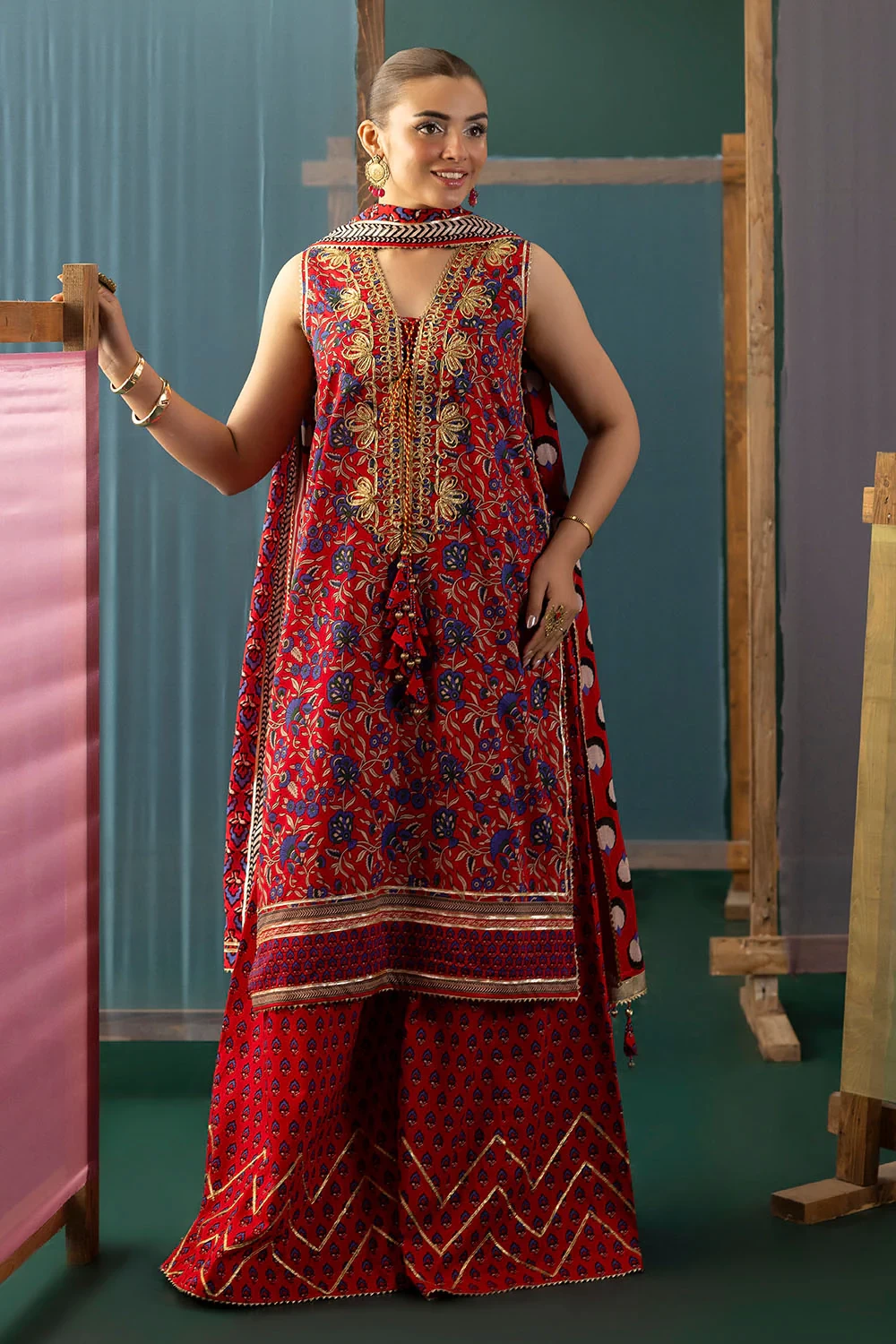3 Piece Gota Embroidered Lawn Suit with Printed Lawn Dupatta CL-62040 - W-FB-HT-