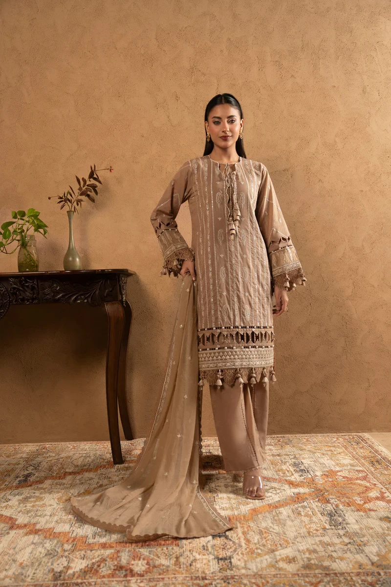 RTS | SHIRT, TROUSER & DUPATTA LAWN | EMBROIDERED - SKU: M-11-26-Fawn