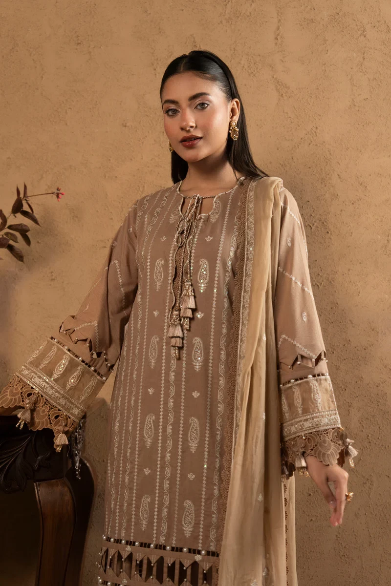RTS | SHIRT, TROUSER & DUPATTA LAWN | EMBROIDERED - SKU: M-11-26-Fawn