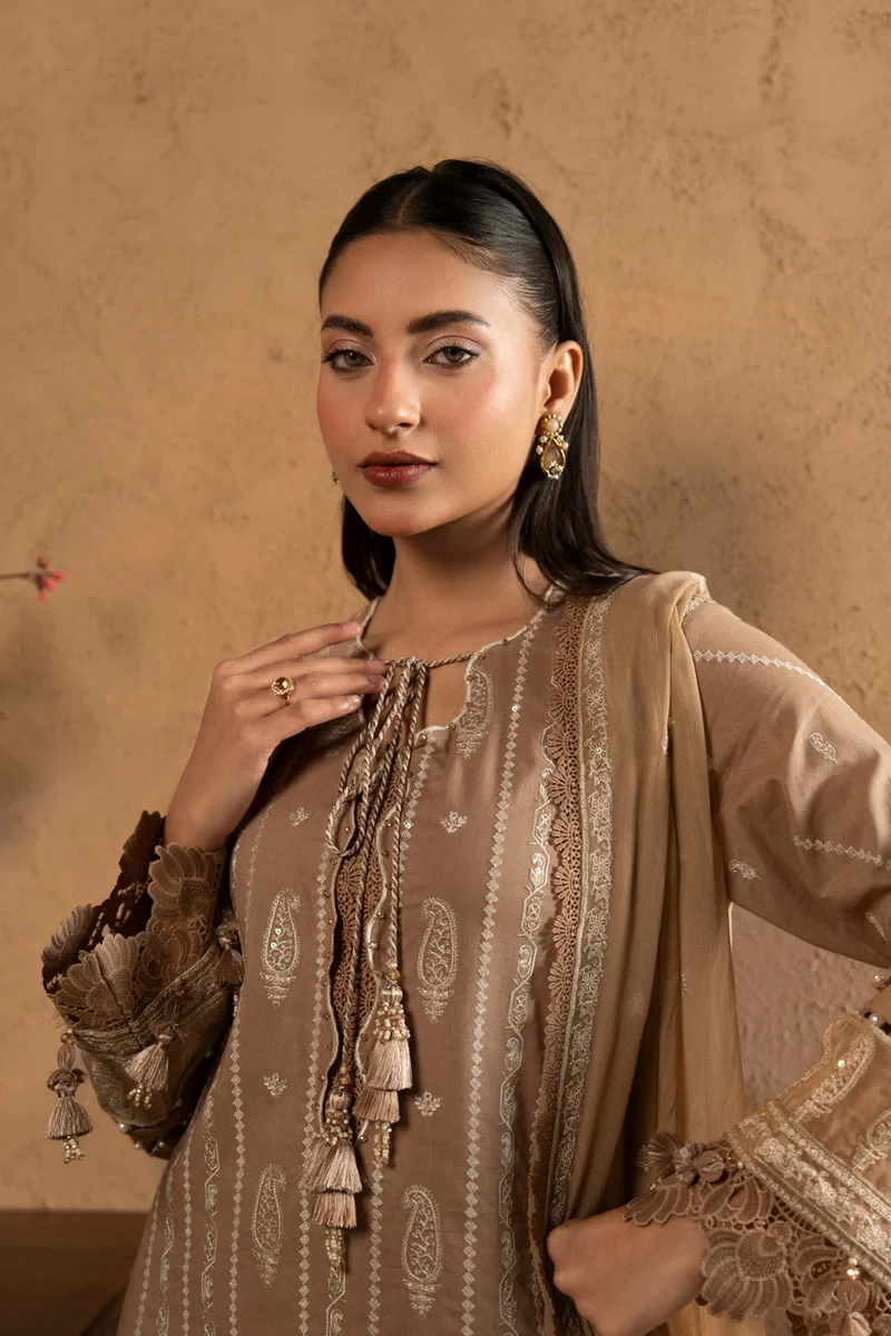 RTS | SHIRT, TROUSER & DUPATTA LAWN | EMBROIDERED - SKU: M-11-26-Fawn