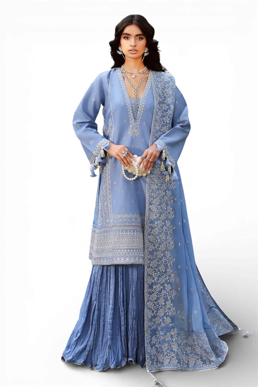 3 Piece Embroidered Raw Silk Suit with Embroidered Chiffon Dupatta LE-62003 - W-
