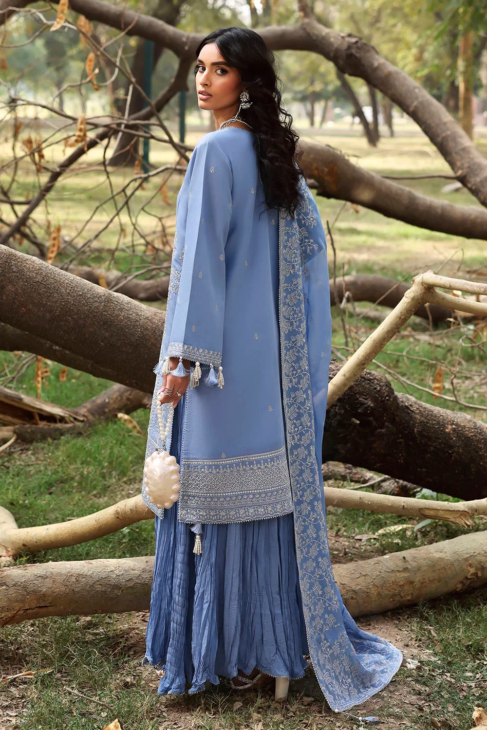 3 Piece Embroidered Raw Silk Suit with Embroidered Chiffon Dupatta LE-62003 - W-