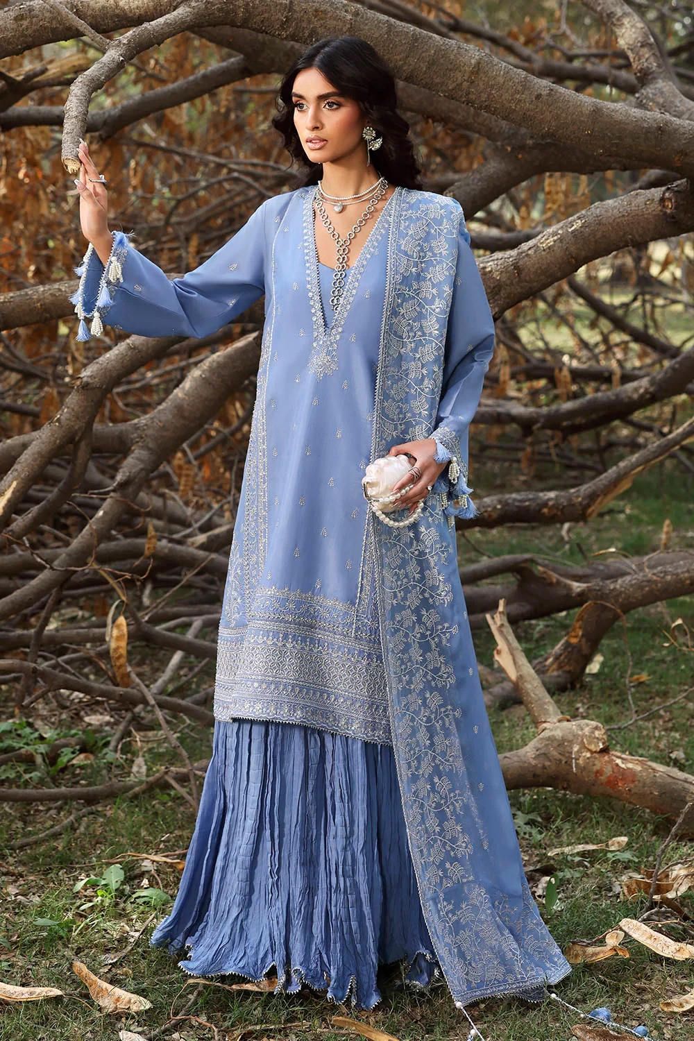 3 Piece Embroidered Raw Silk Suit with Embroidered Chiffon Dupatta LE-62003 - W-