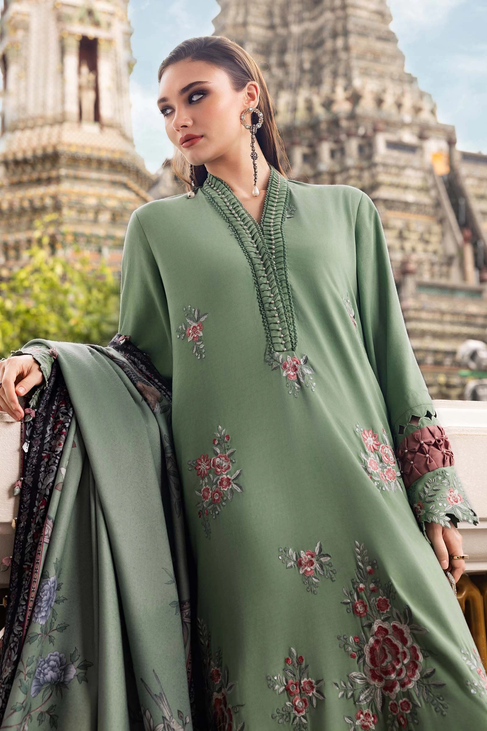 3 Piece Embroidered Twill Linen Suit - MPT-2808-A