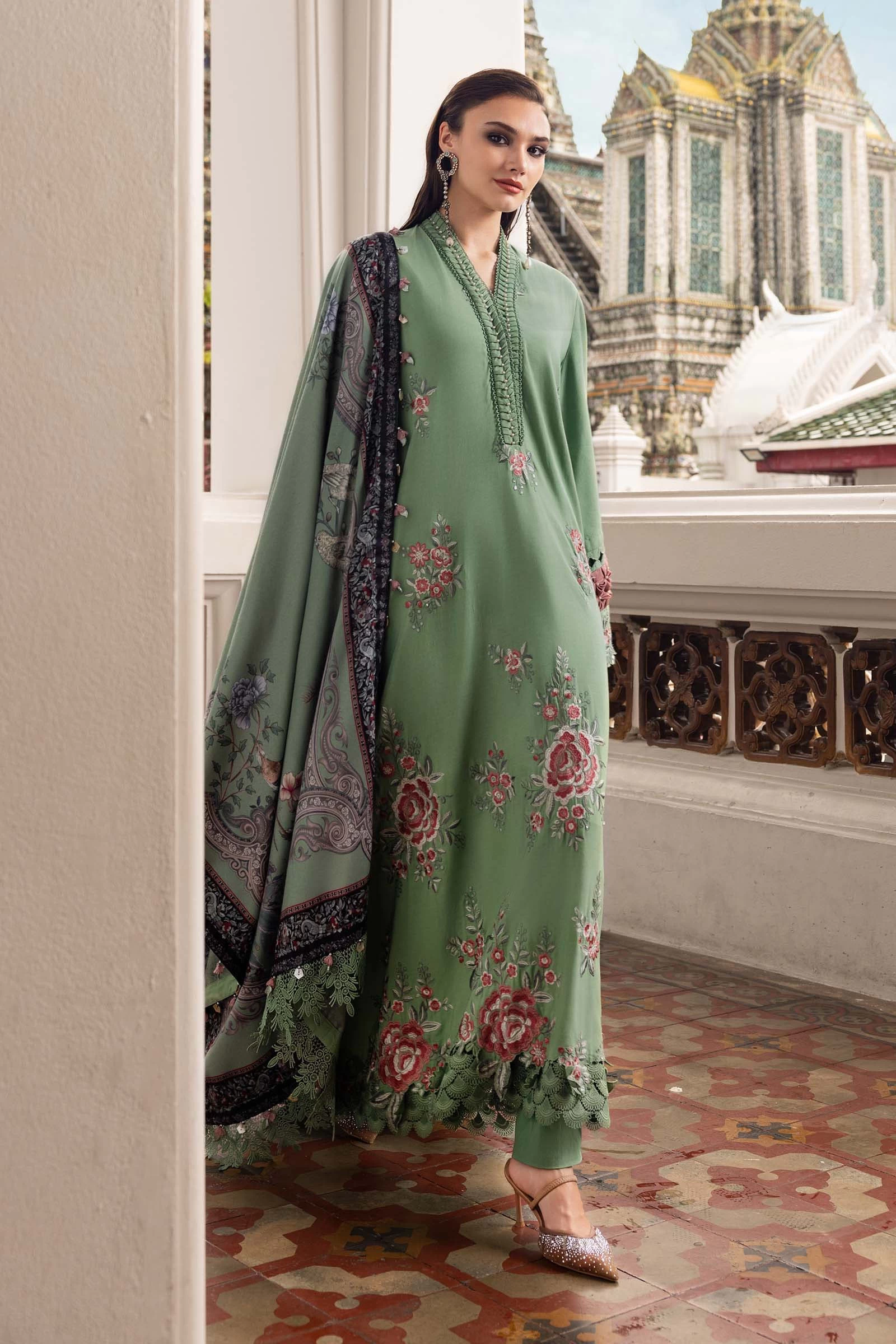 3 Piece Embroidered Twill Linen Suit - MPT-2808-A