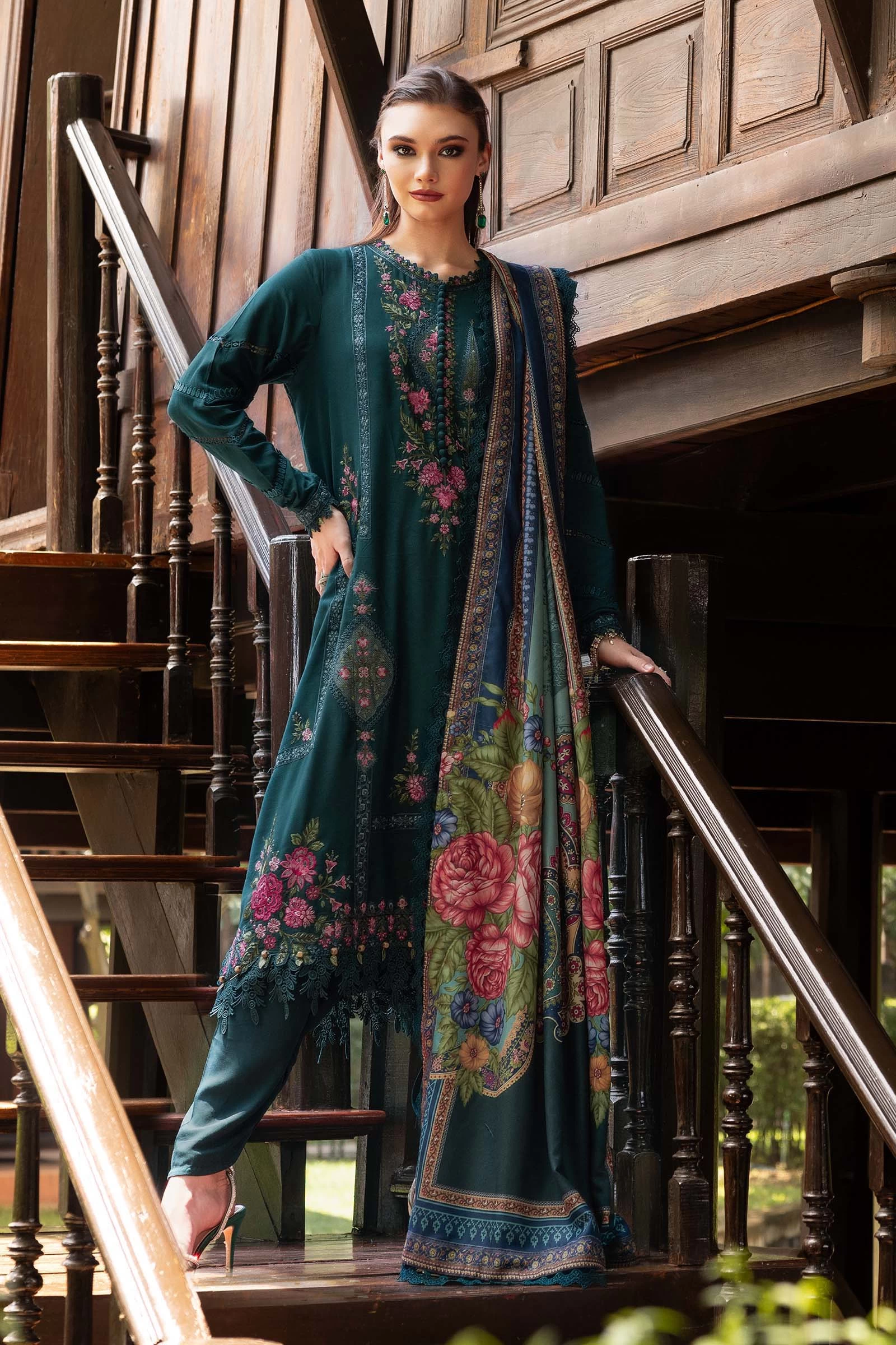 3 Piece Embroidered Twill Linen Suit - MPT-2807-B