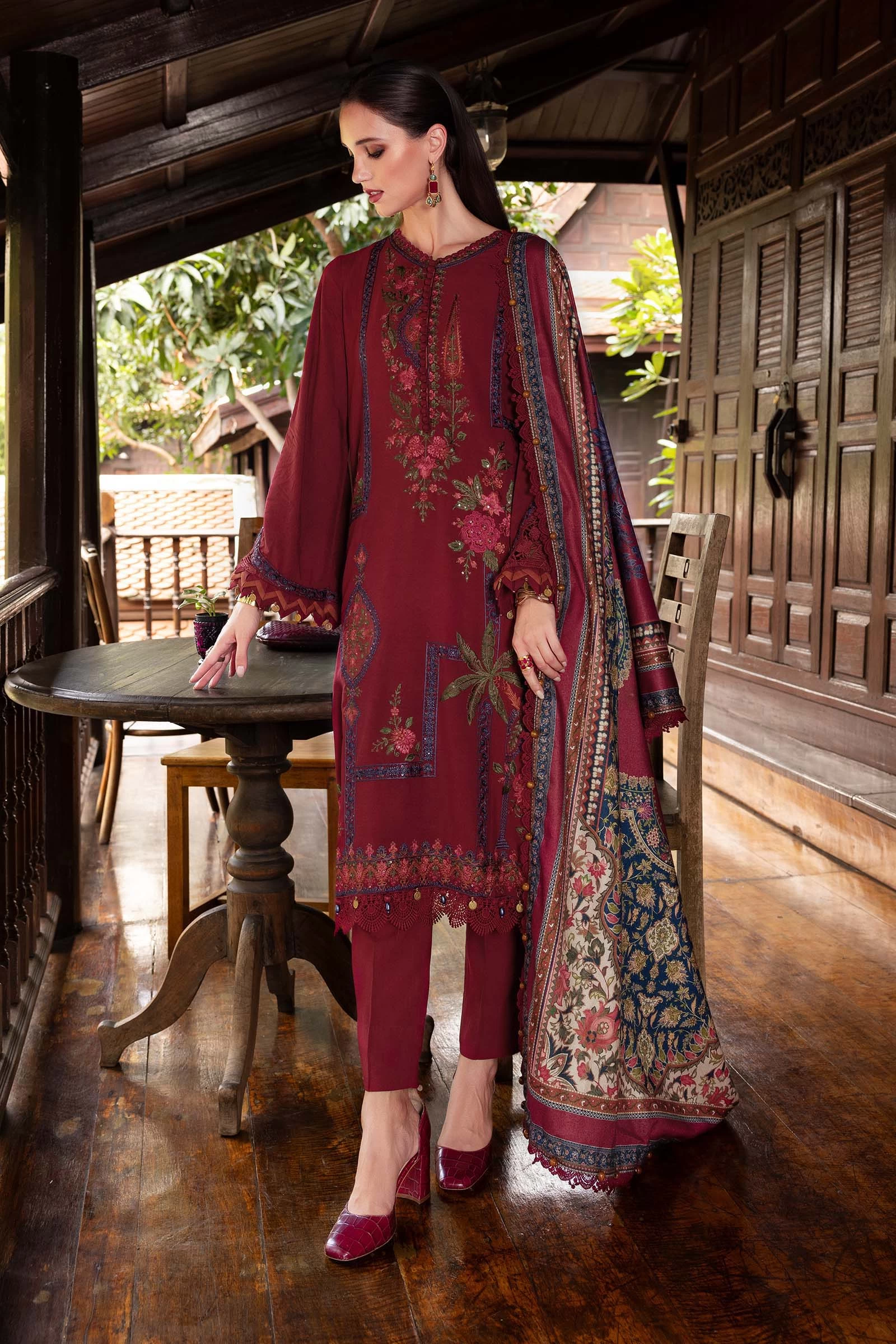 3 Piece Embroidered Twill Linen Suit - MPT-2807-A