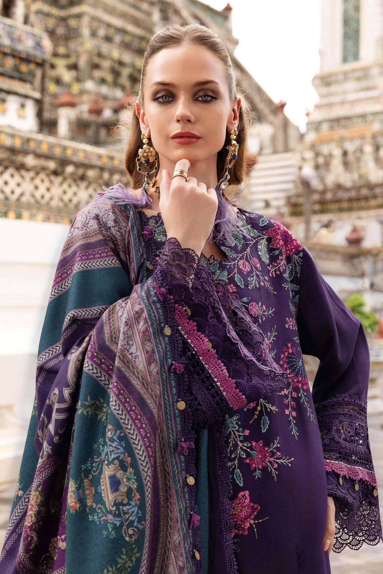 3 Piece Embroidered Twill Linen Suit - MPT-2805-B