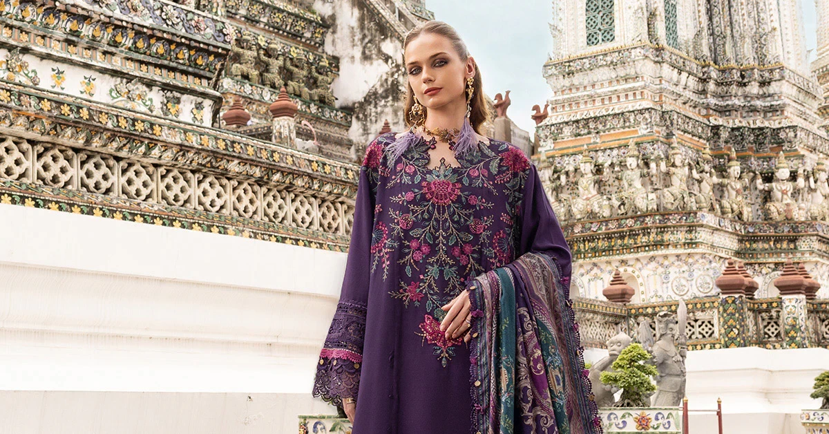 3 Piece Embroidered Twill Linen Suit - MPT-2805-B