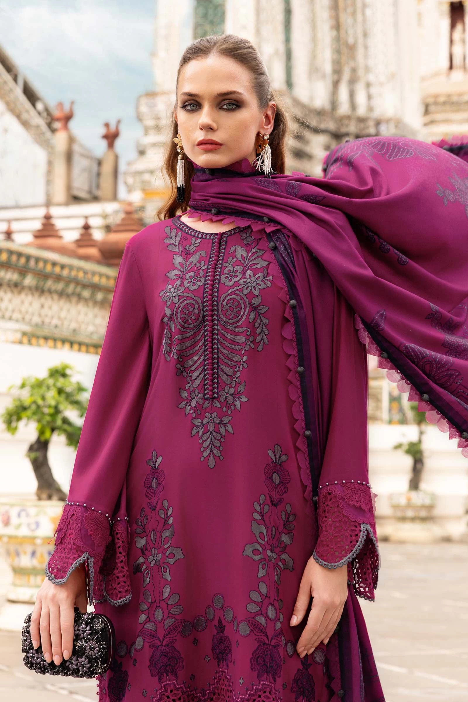3 Piece Embroidered Twill Linen Suit - MPT-2804-B