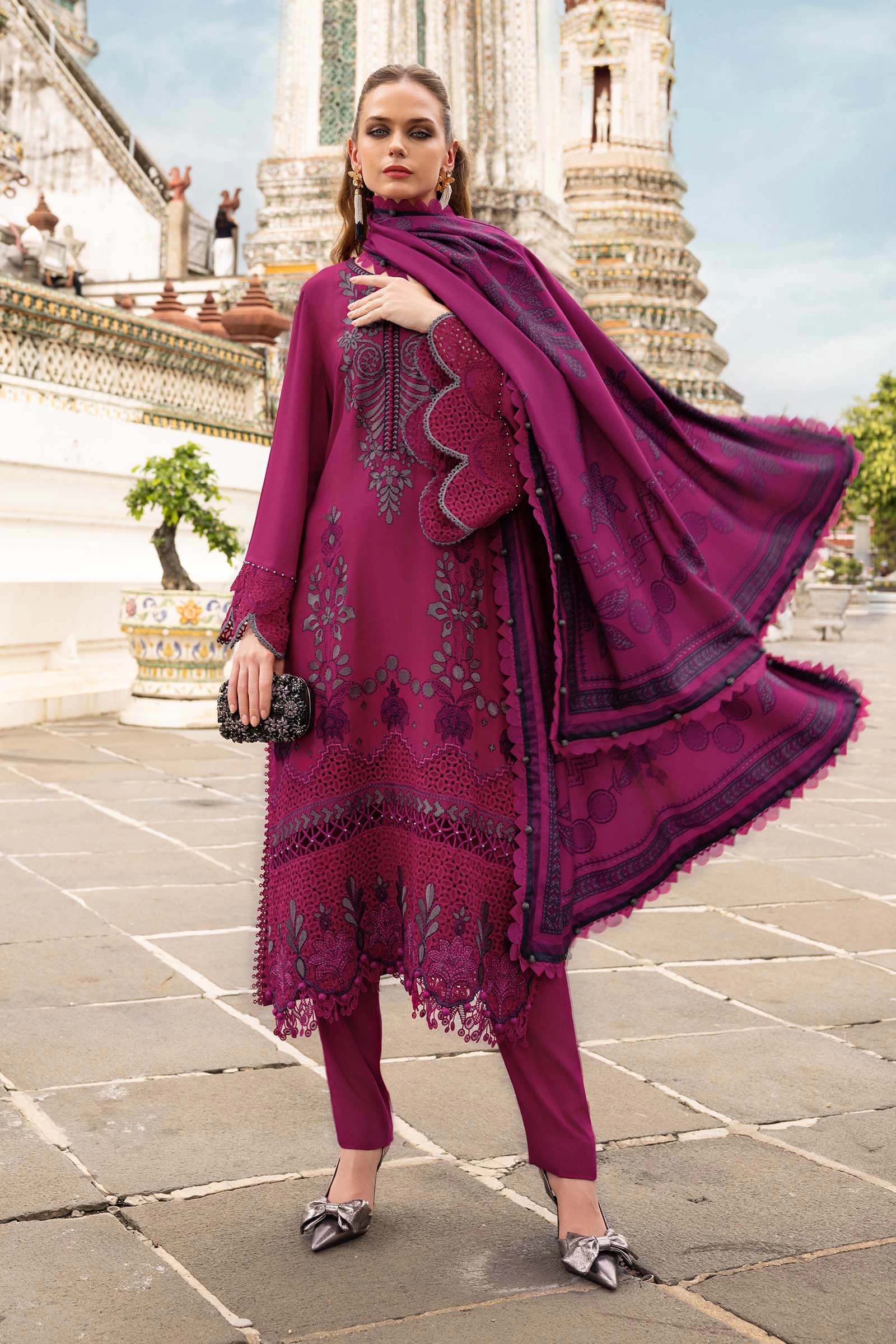 3 Piece Embroidered Twill Linen Suit - MPT-2804-B