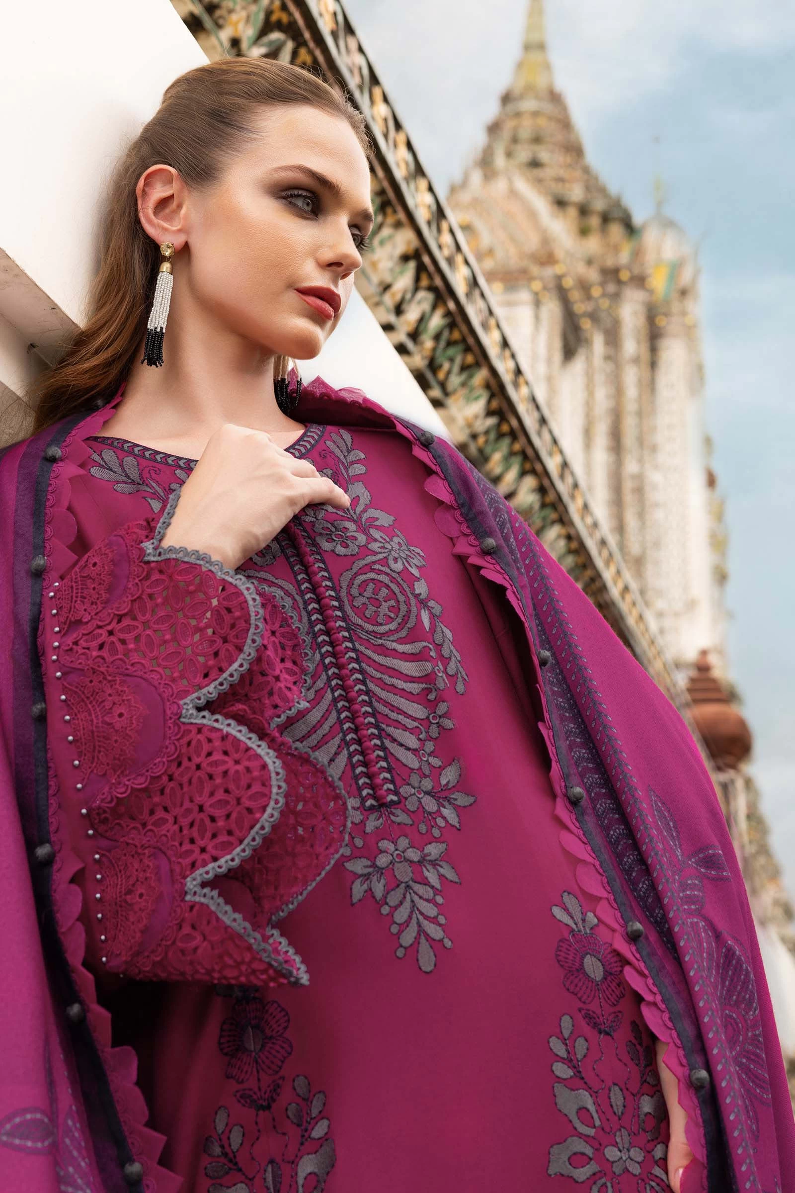 3 Piece Embroidered Twill Linen Suit - MPT-2804-B