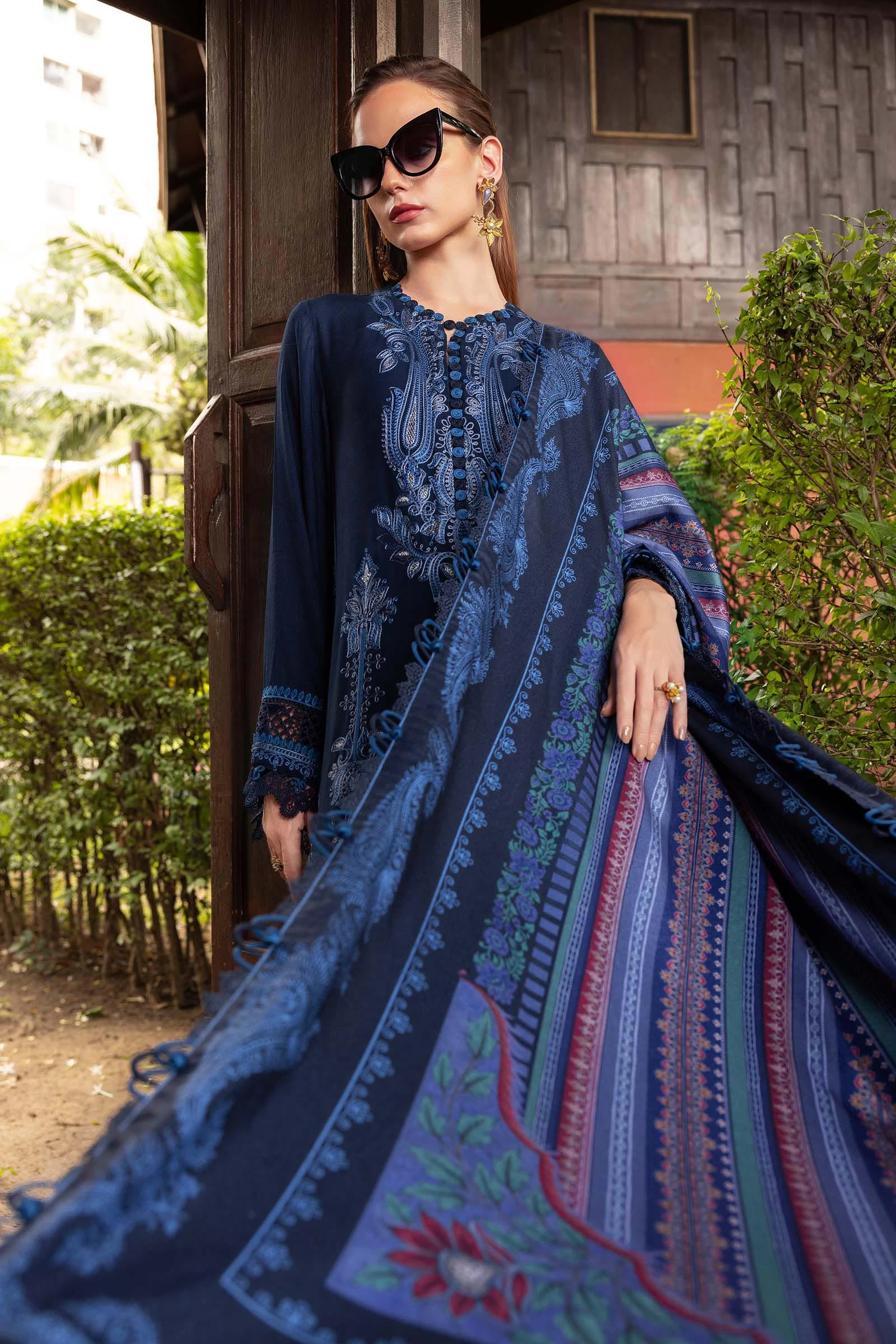 3 Piece Embroidered Twill Linen Suit - MPT-2803-B