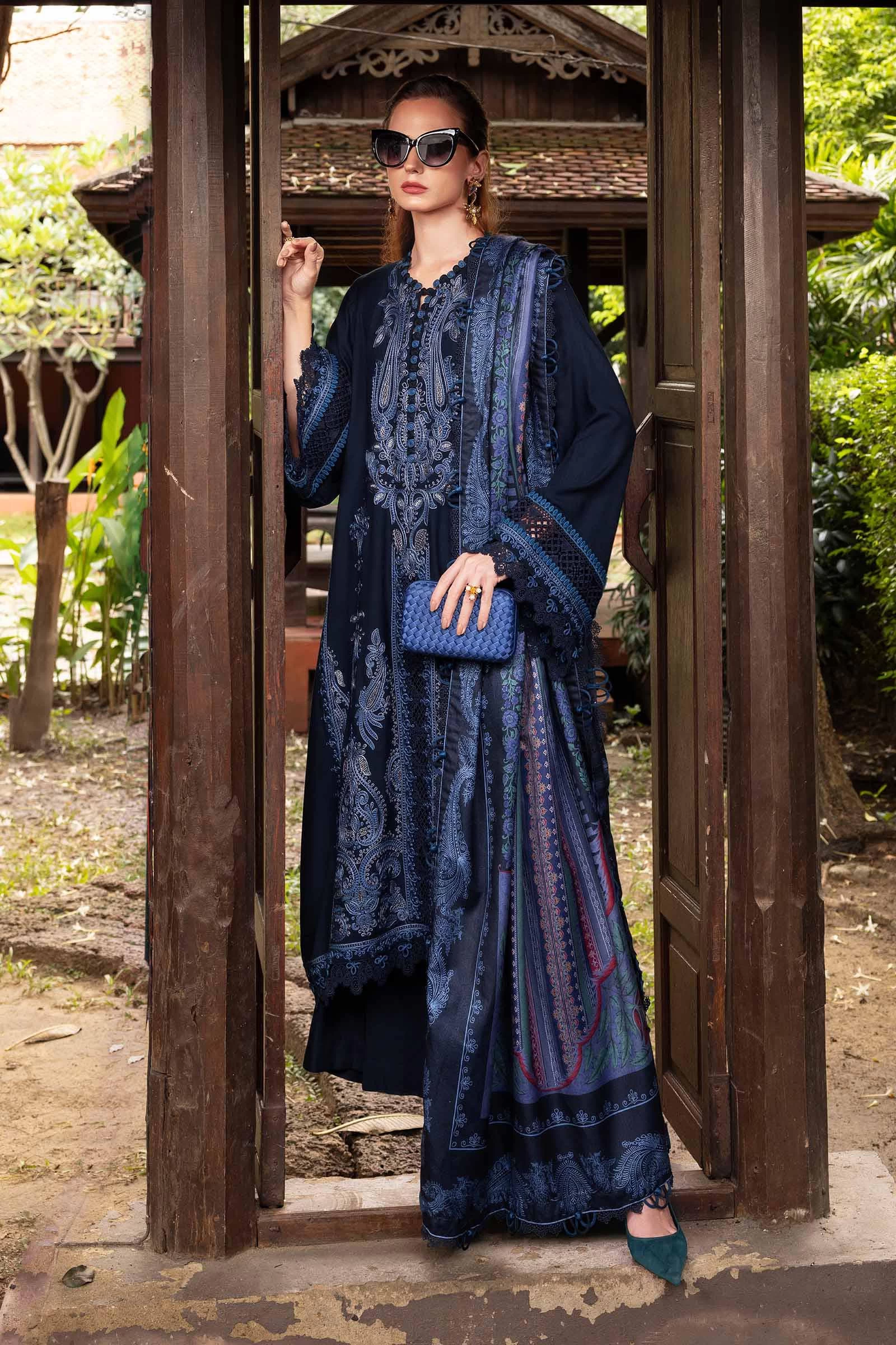 3 Piece Embroidered Twill Linen Suit - MPT-2803-B