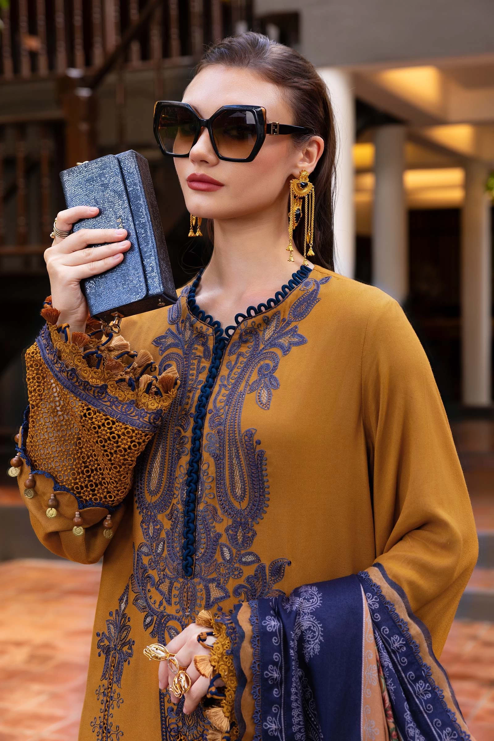 3 Piece Embroidered Twill Linen Suit - MPT-2803-A