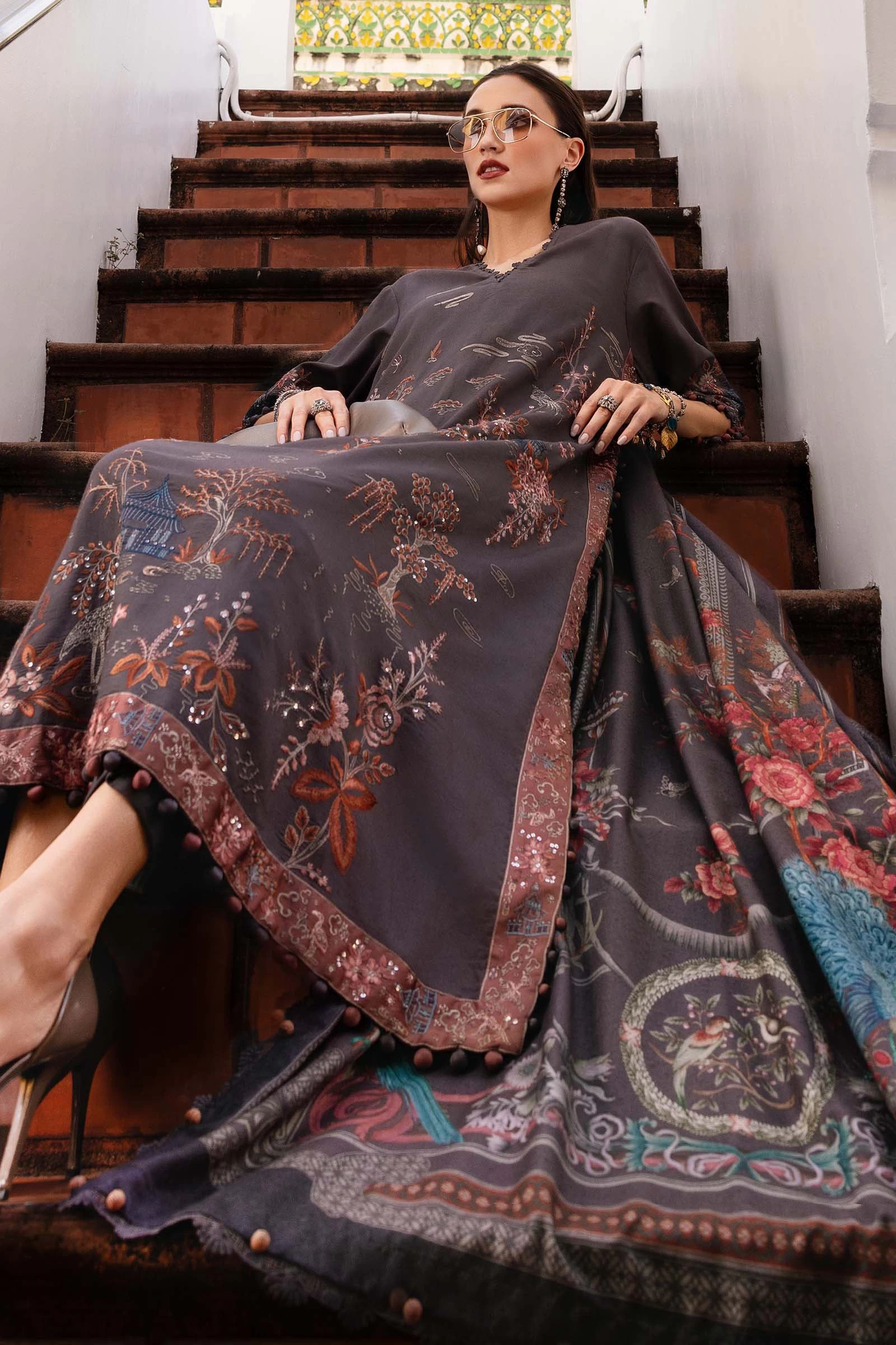 3 Piece Embroidered Twill Linen Suit - MPT-2801-B