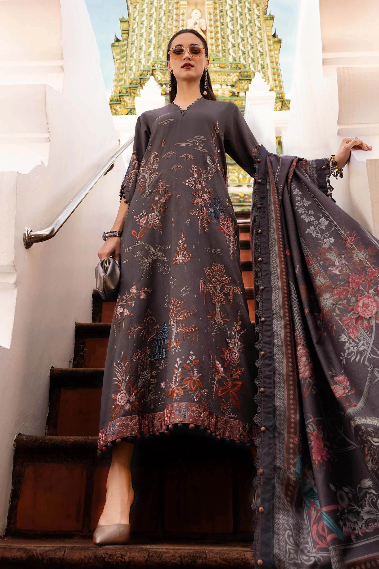 3 Piece Embroidered Twill Linen Suit - MPT-2801-B
