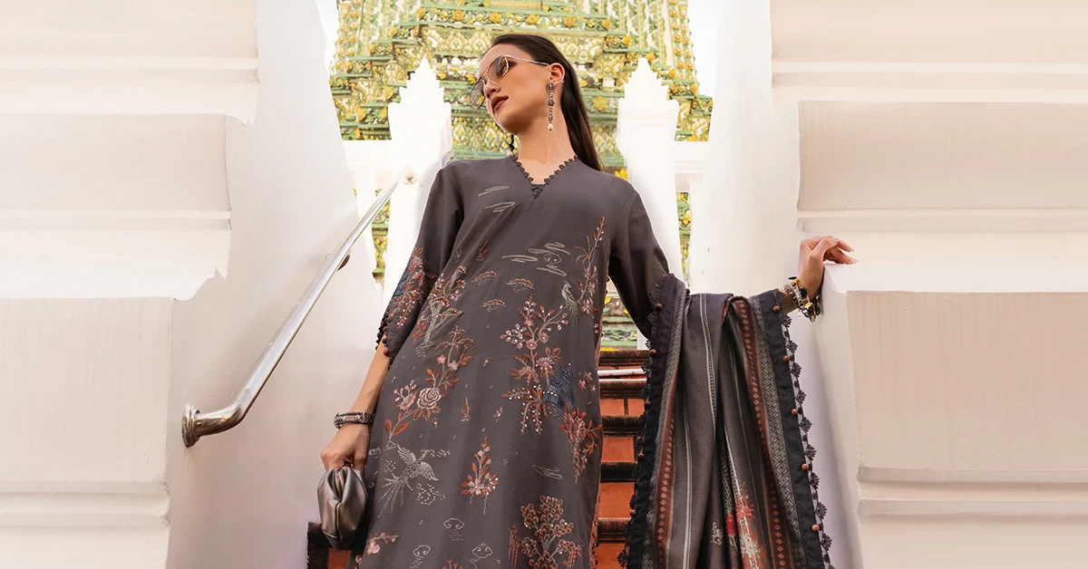 3 Piece Embroidered Twill Linen Suit - MPT-2801-B