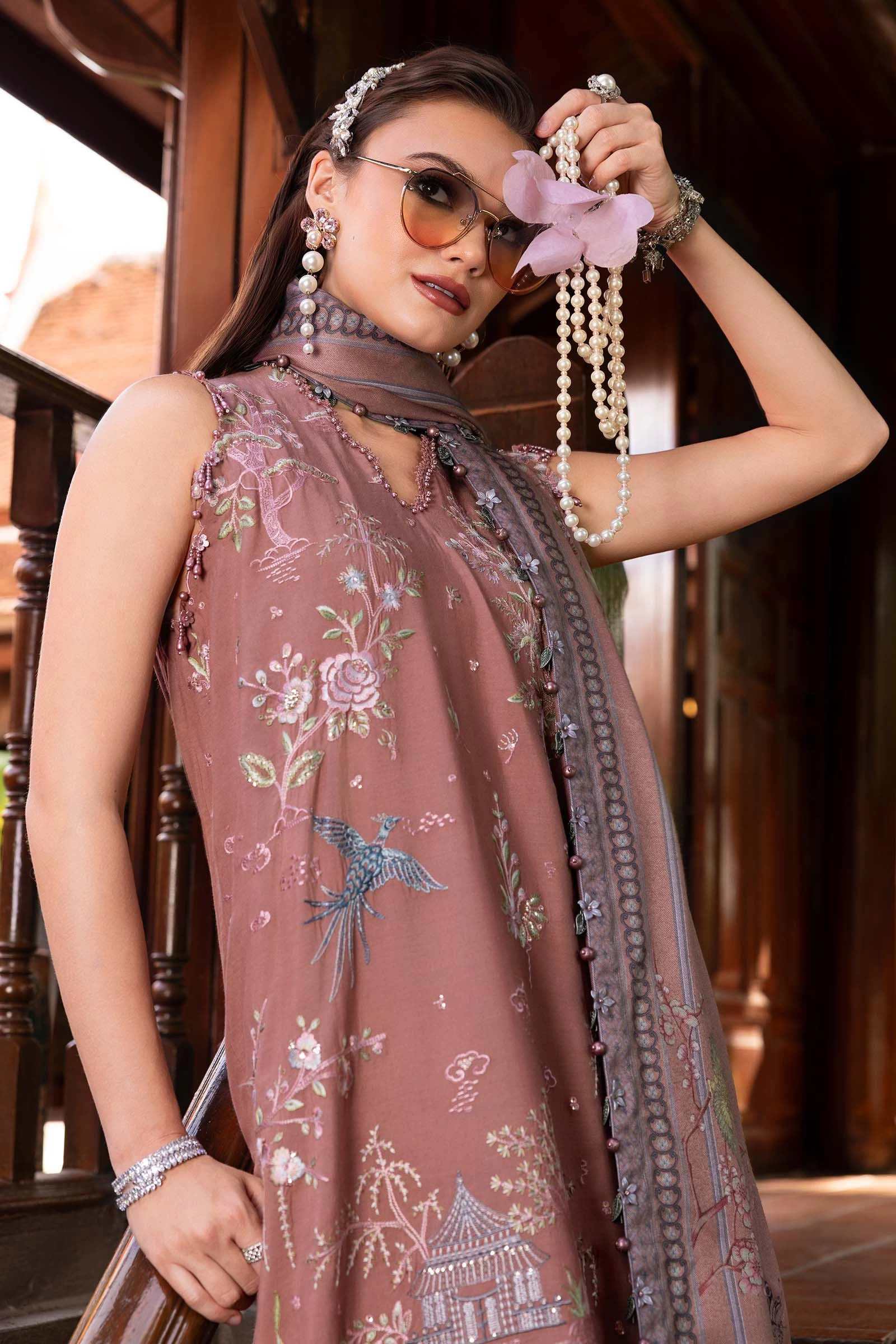 3 Piece Embroidered Twill Linen Suit - MPT-2801-A