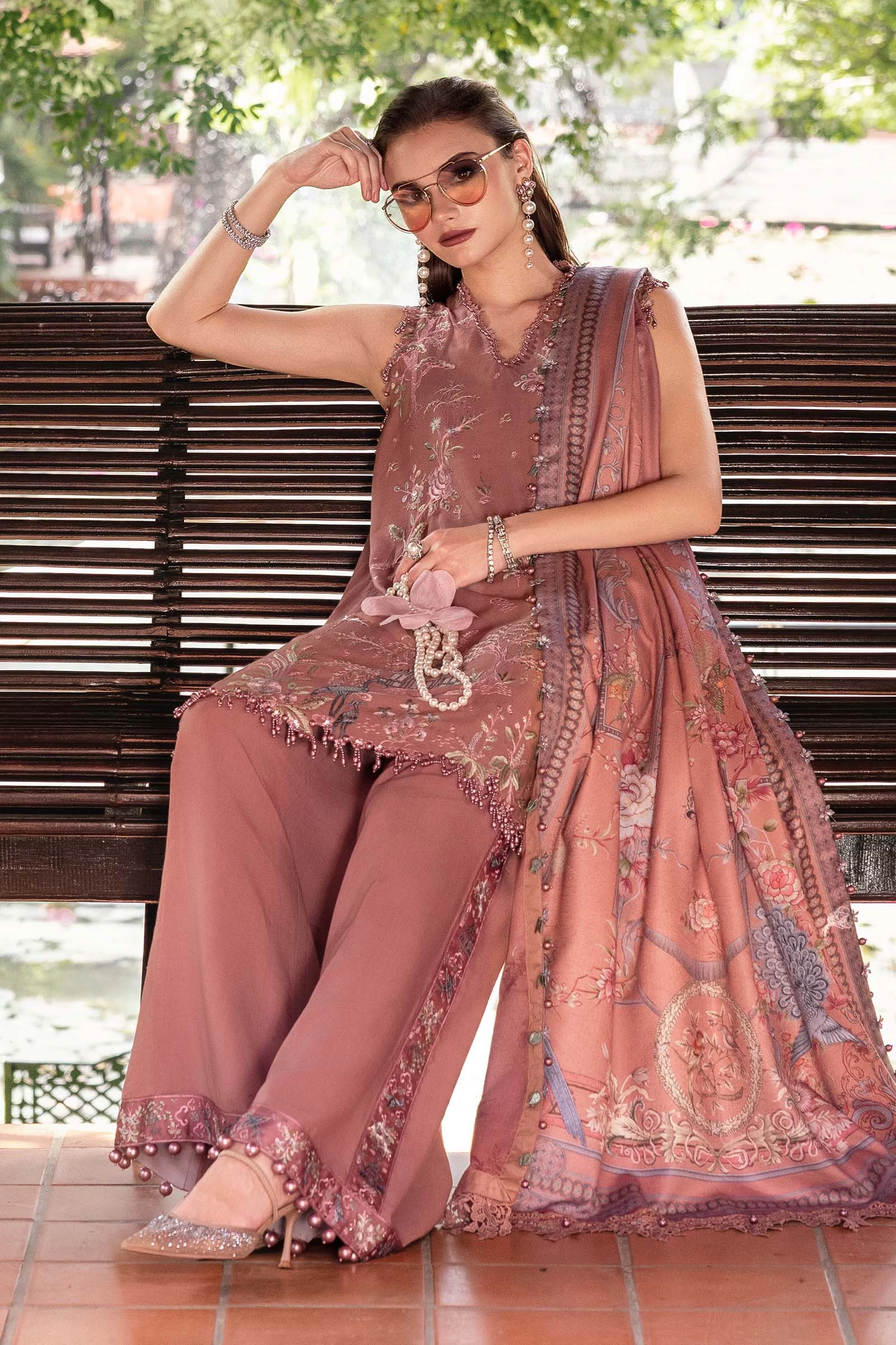 3 Piece Embroidered Twill Linen Suit - MPT-2801-A