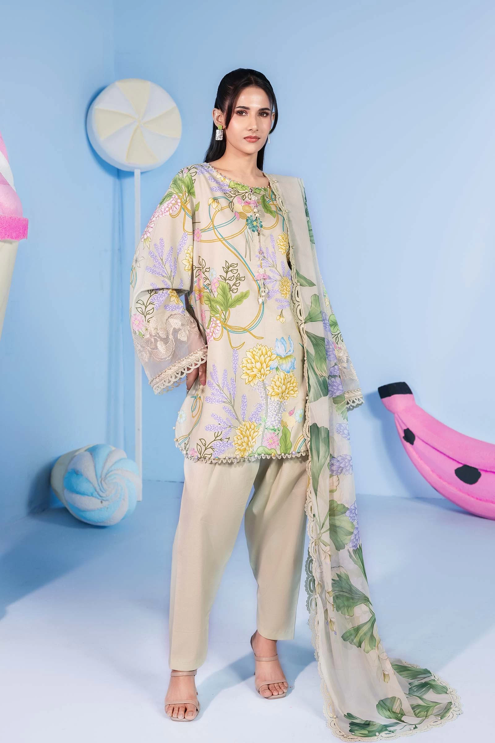 3 Pc Embroidered Lawn Suit - #MB-CUSV13-13A