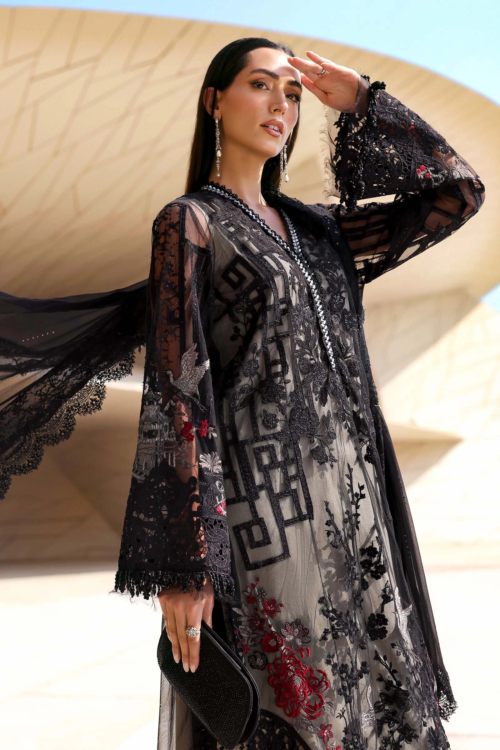 3 Piece Embroidered Net Suit - D-2607-B-Default