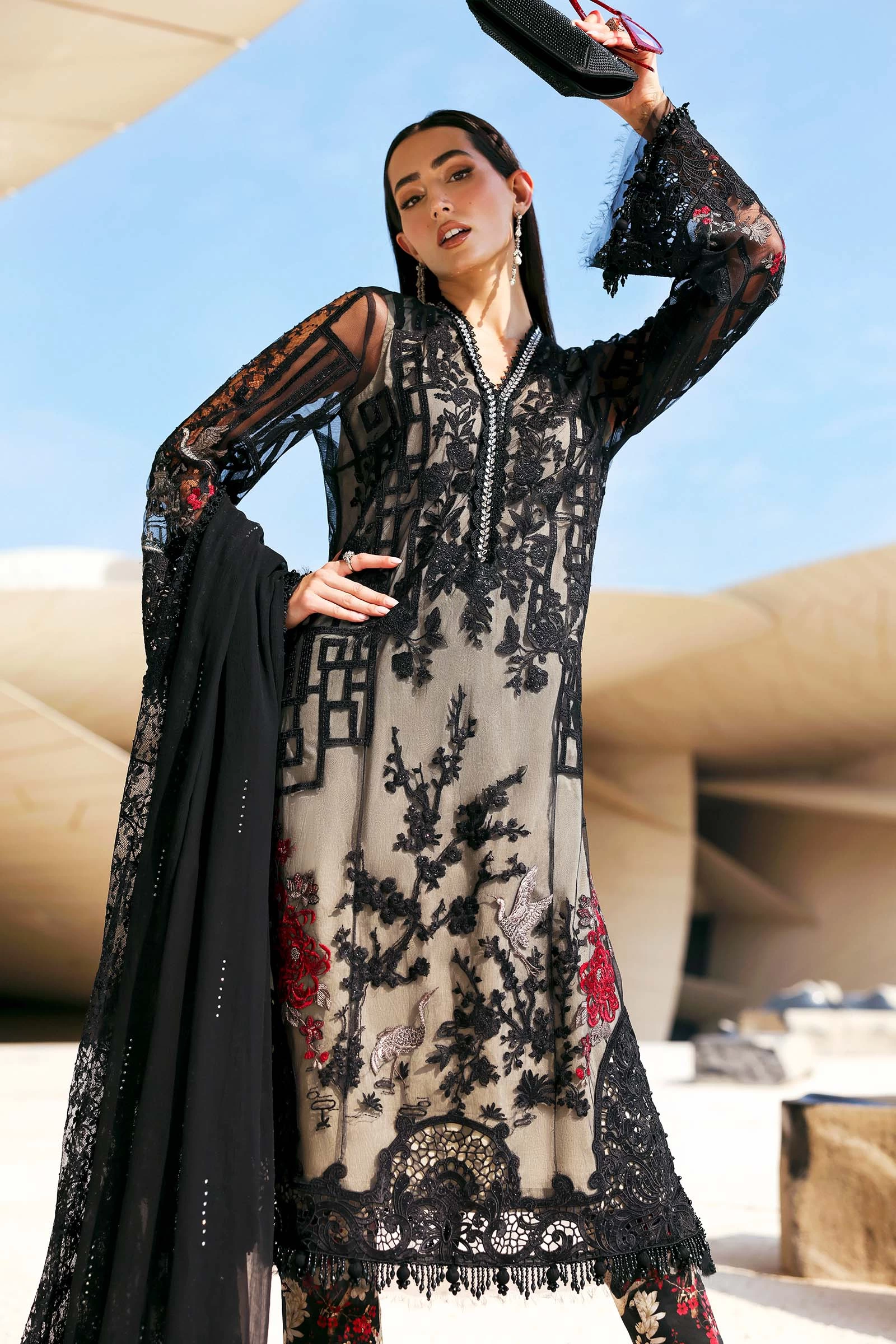3 Piece Embroidered Net Suit - D-2607-B-Default