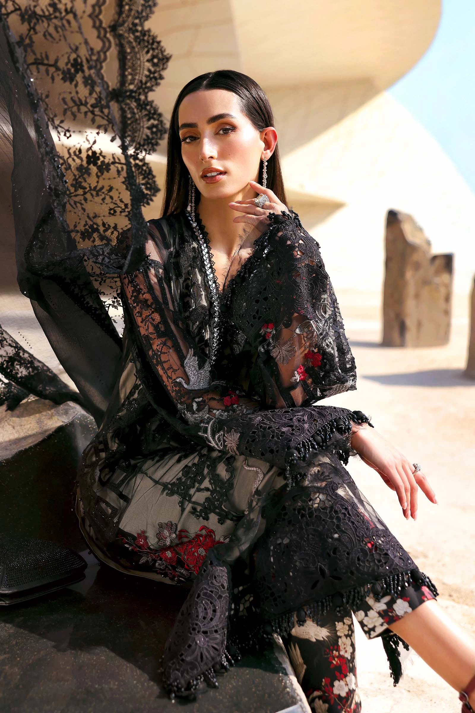 3 Piece Embroidered Net Suit - D-2607-B-Default