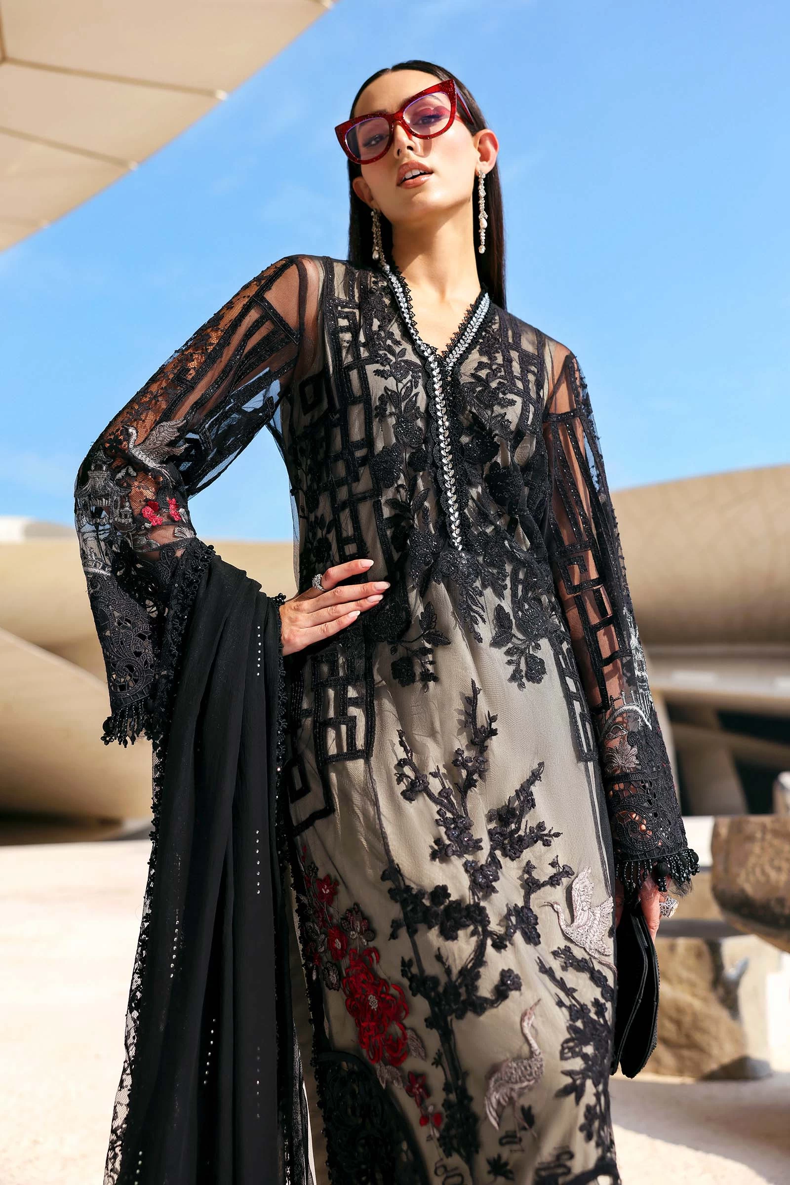 3 Piece Embroidered Net Suit - D-2607-B-Default