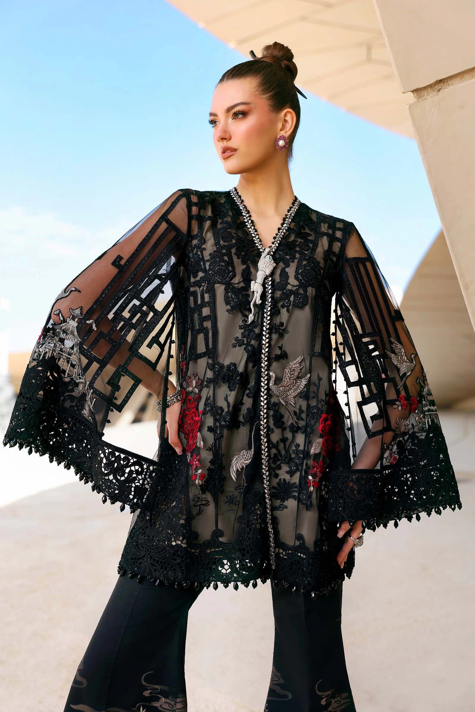 3 Piece Embroidered Net Suit - D-2607-B-Default