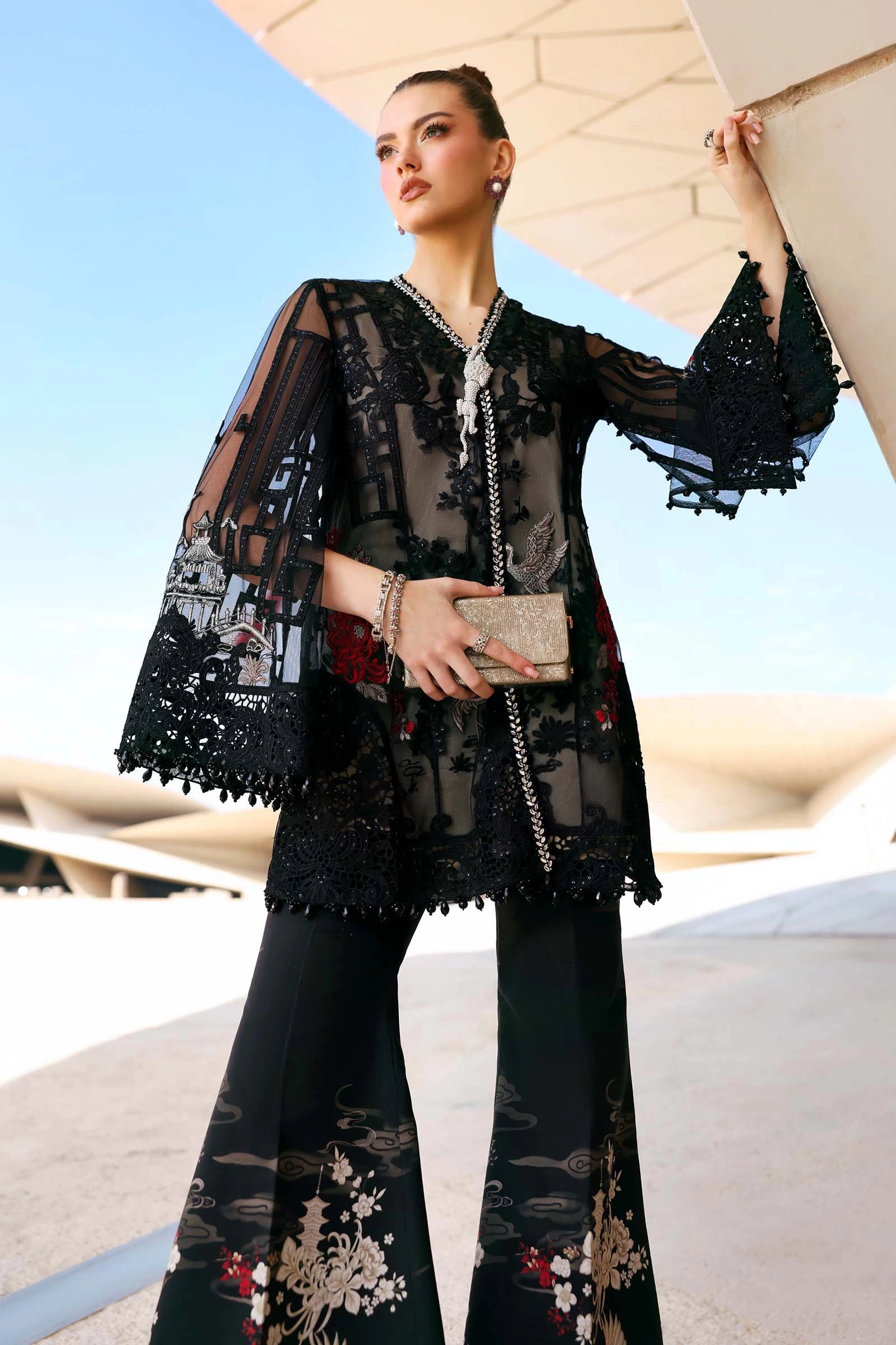 3 Piece Embroidered Net Suit - D-2607-B-Default