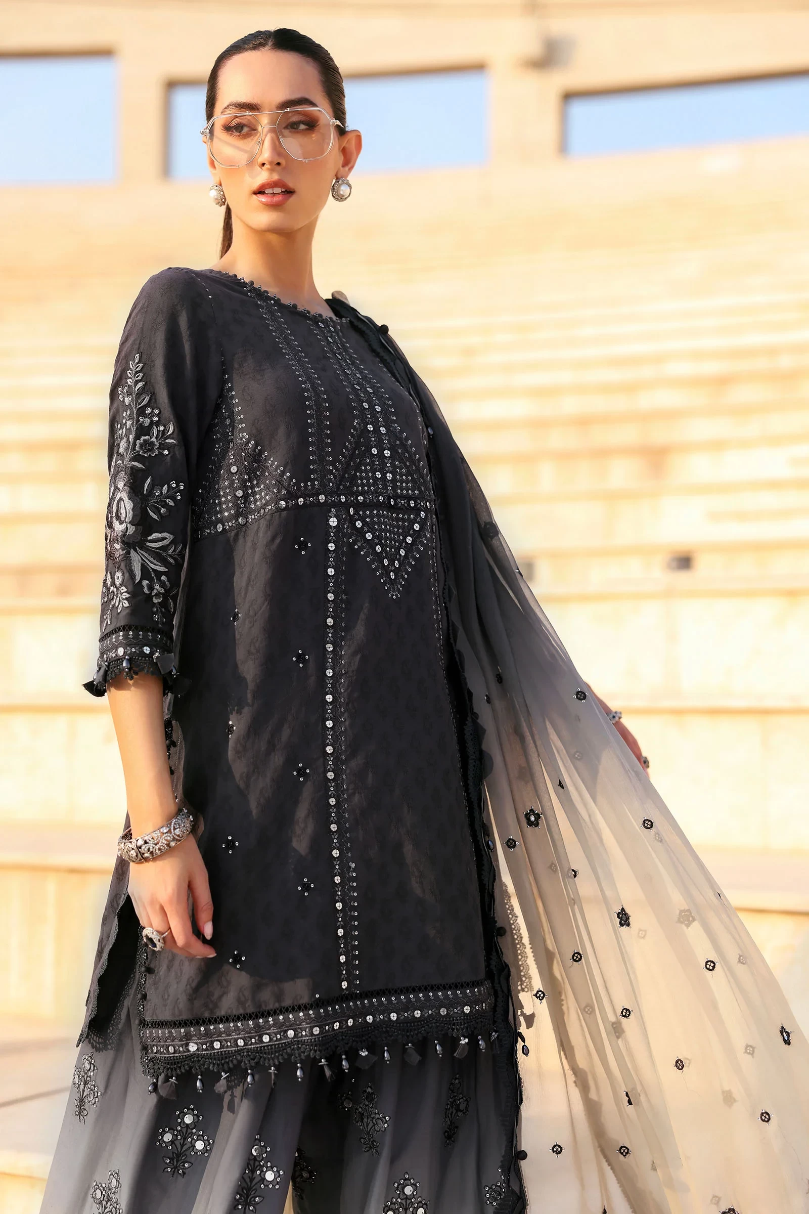 3 Piece Embroidered Jacquard Lawn Suit - D-2602-B-Default