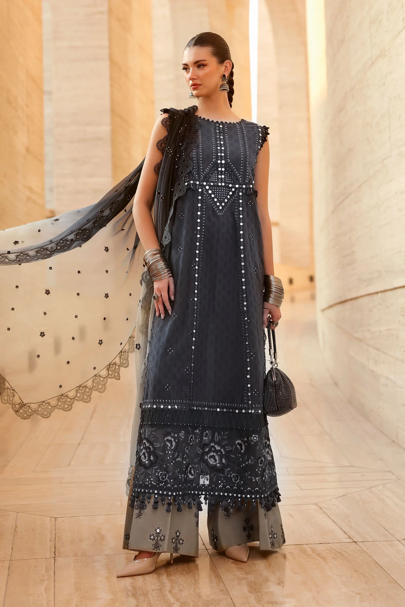 3 Piece Embroidered Jacquard Lawn Suit - D-2602-B-Default