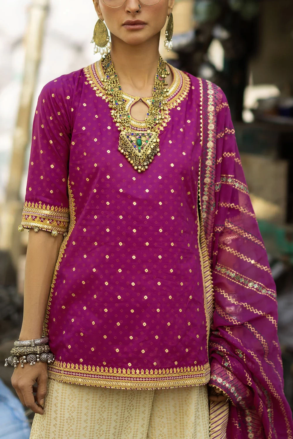 3 Piece Gold and Lacquer Printed Lawn Gharara Suit with Gold and Lacquer Printed