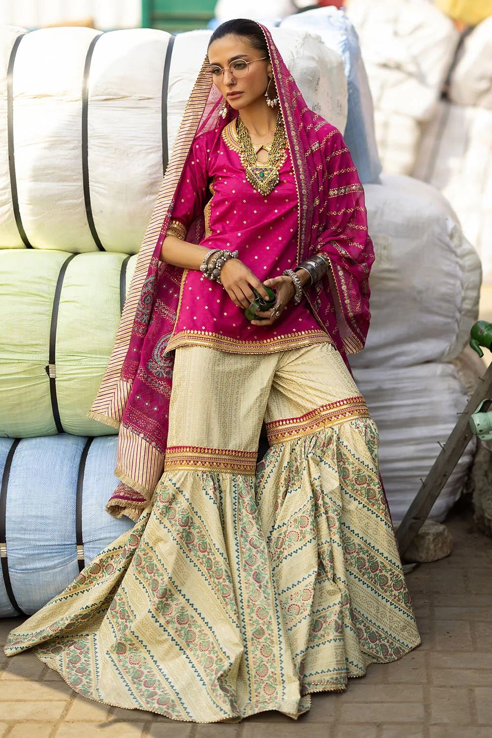 3 Piece Gold and Lacquer Printed Lawn Gharara Suit with Gold and Lacquer Printed