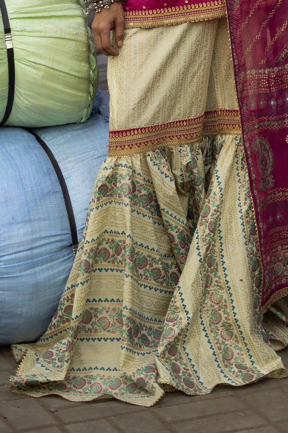 3 Piece Gold and Lacquer Printed Lawn Gharara Suit with Gold and Lacquer Printed