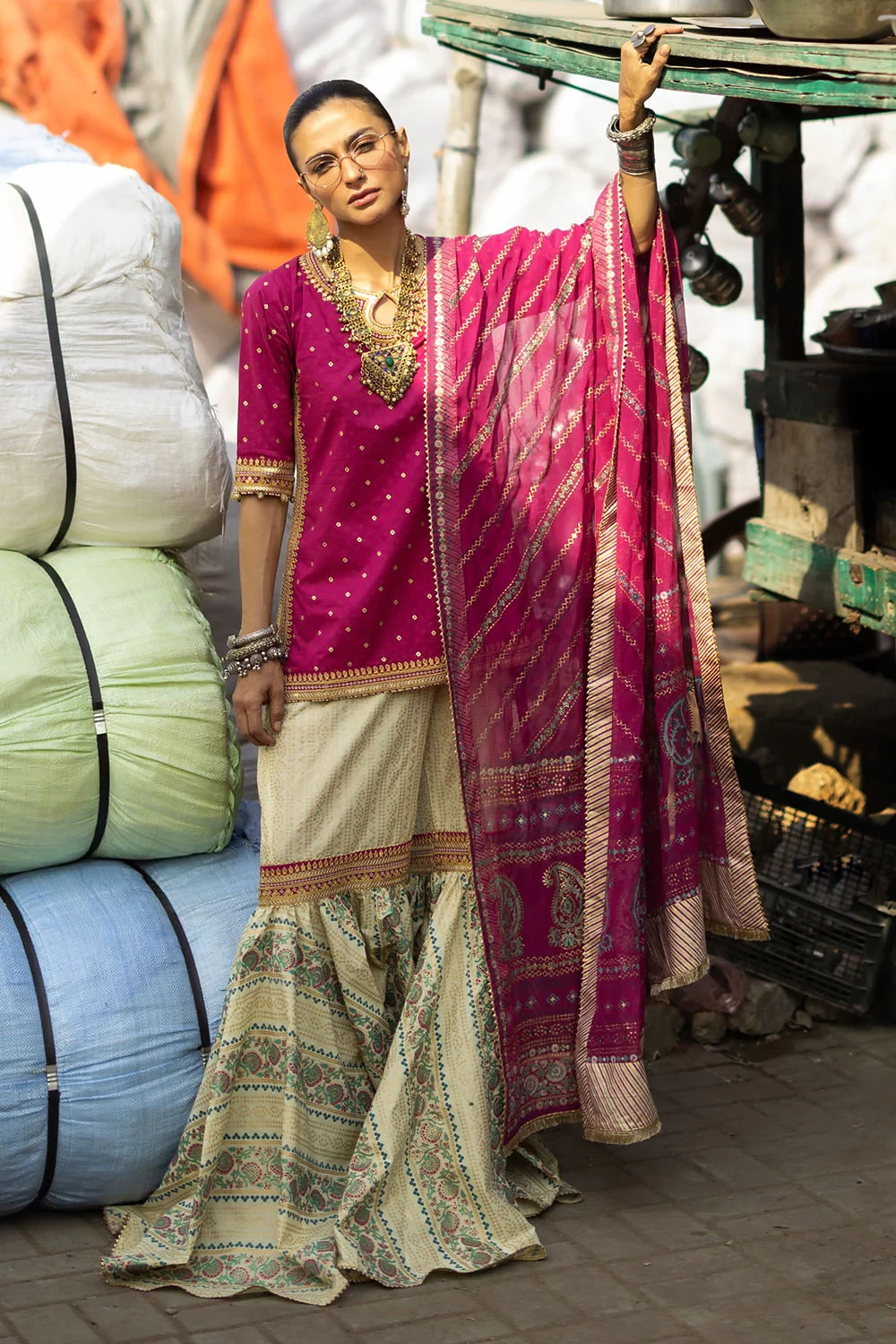 3 Piece Gold and Lacquer Printed Lawn Gharara Suit with Gold and Lacquer Printed