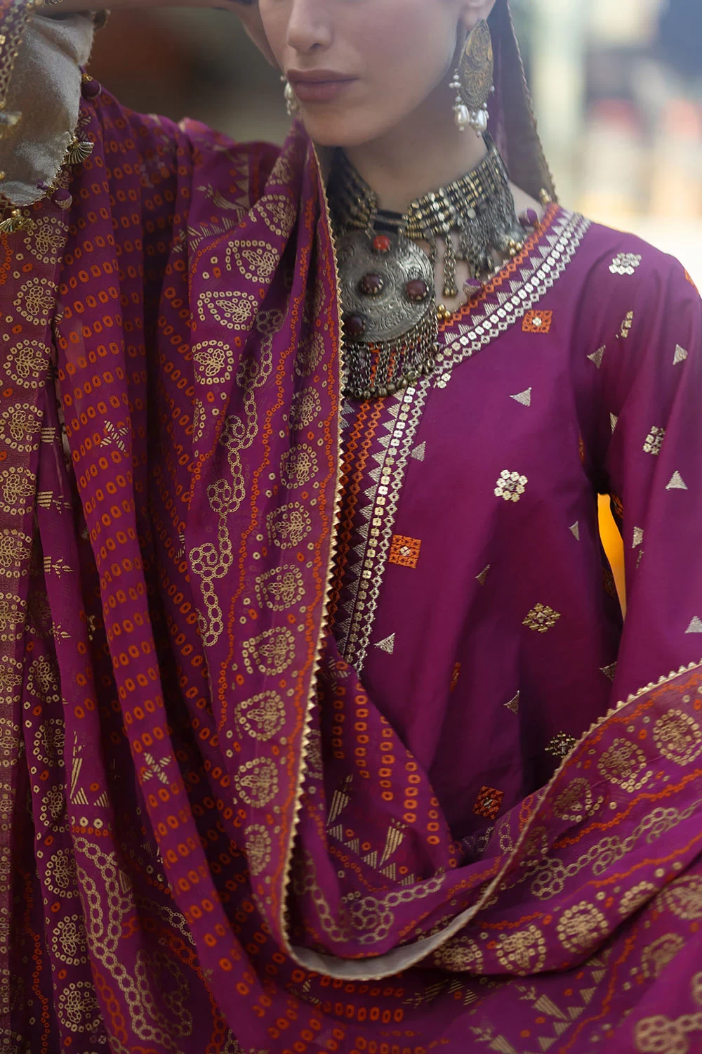 3 Piece Embroidered Lawn Suit with Gold and Lacquer Printed Chiffon Dupatta and 
