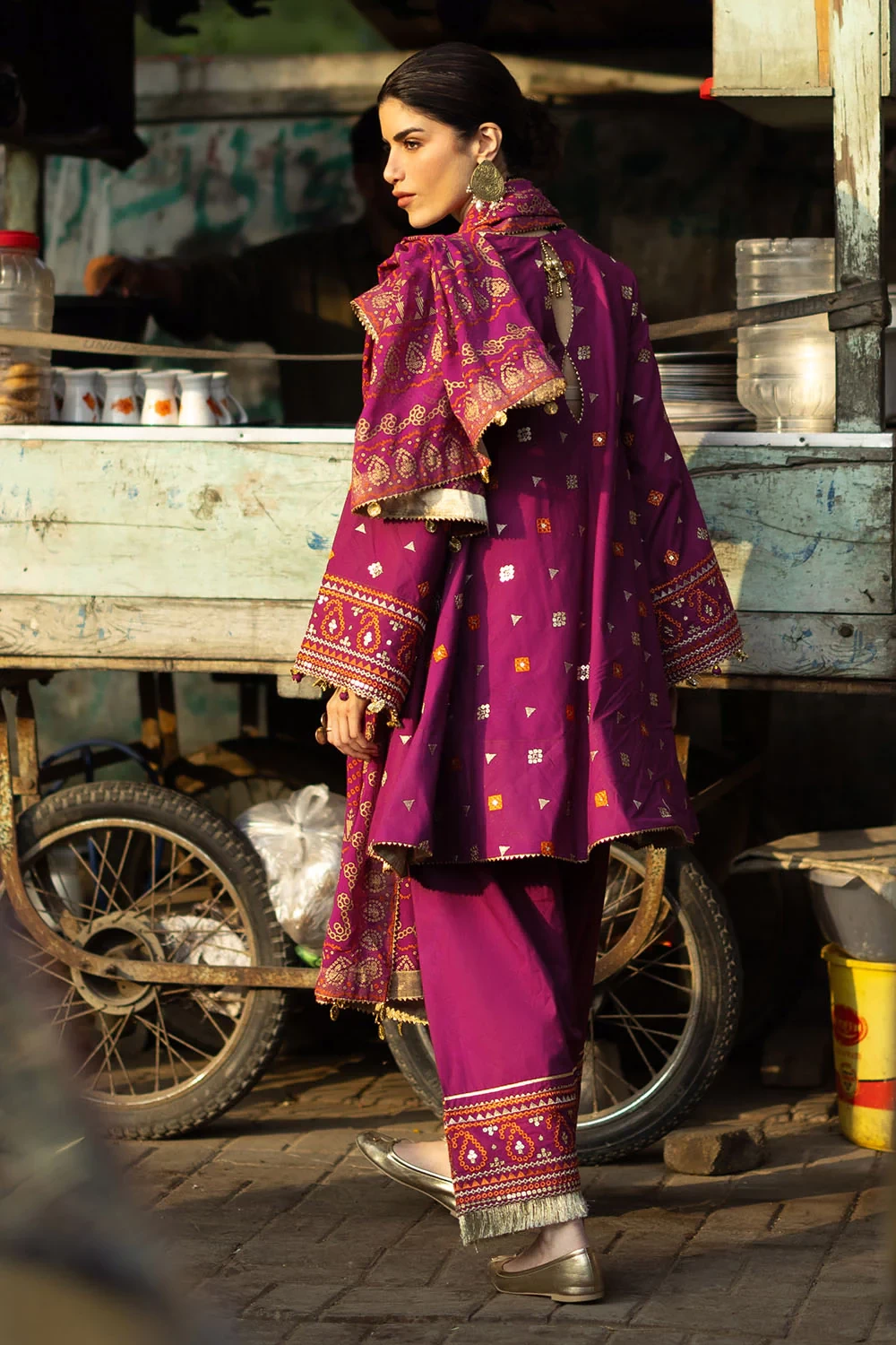 3 Piece Embroidered Lawn Suit with Gold and Lacquer Printed Chiffon Dupatta and 