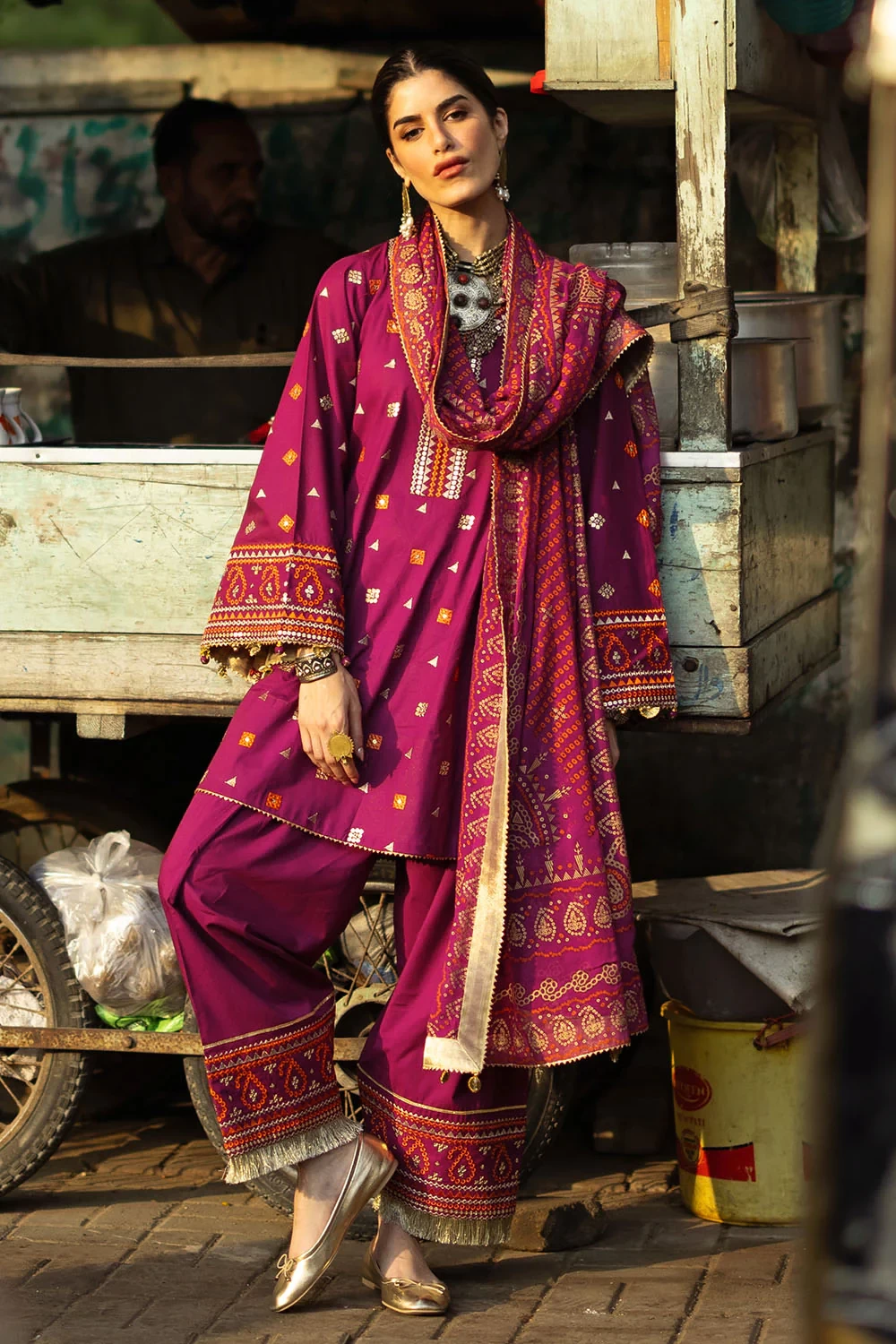 3 Piece Embroidered Lawn Suit with Gold and Lacquer Printed Chiffon Dupatta and 