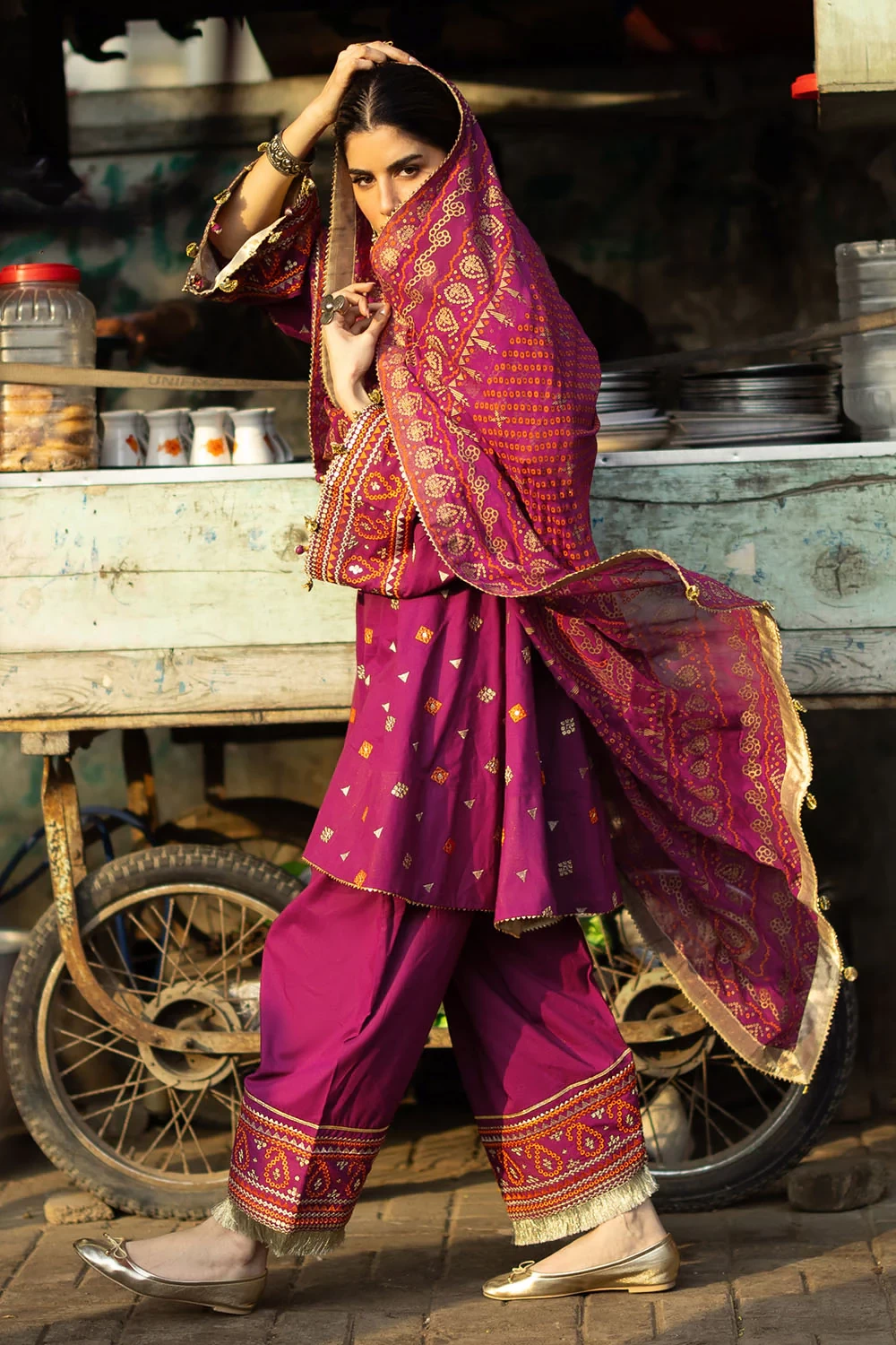 3 Piece Embroidered Lawn Suit with Gold and Lacquer Printed Chiffon Dupatta and 
