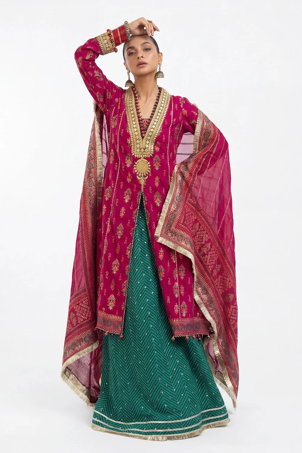 3 Piece Gold and Lacquer Printed Lawn Suit with Gold and Lacquer Printed Chiffon
