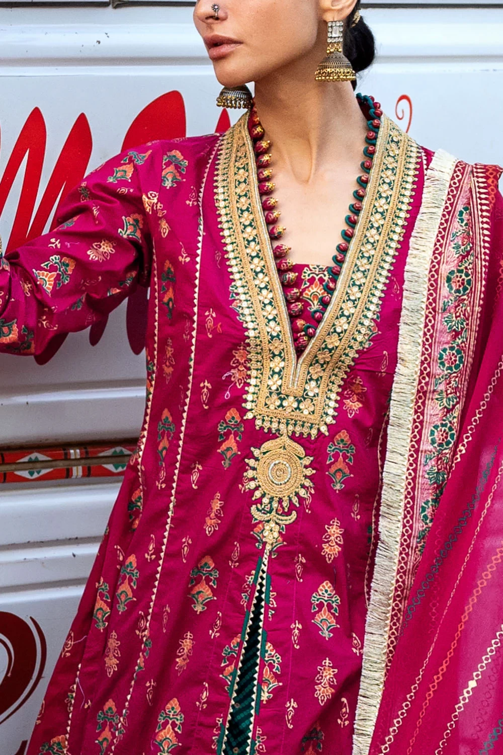 3 Piece Gold and Lacquer Printed Lawn Suit with Gold and Lacquer Printed Chiffon
