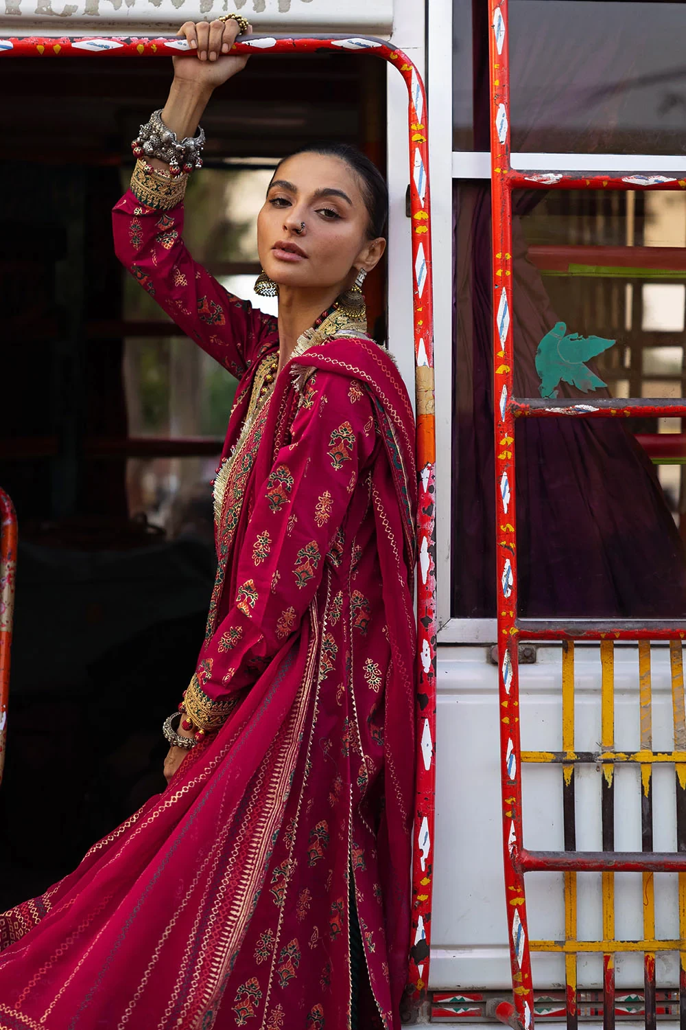 3 Piece Gold and Lacquer Printed Lawn Suit with Gold and Lacquer Printed Chiffon