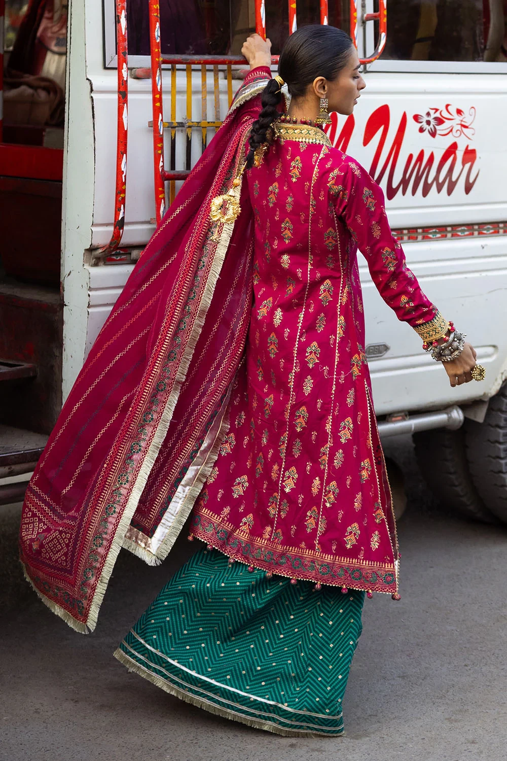 3 Piece Gold and Lacquer Printed Lawn Suit with Gold and Lacquer Printed Chiffon
