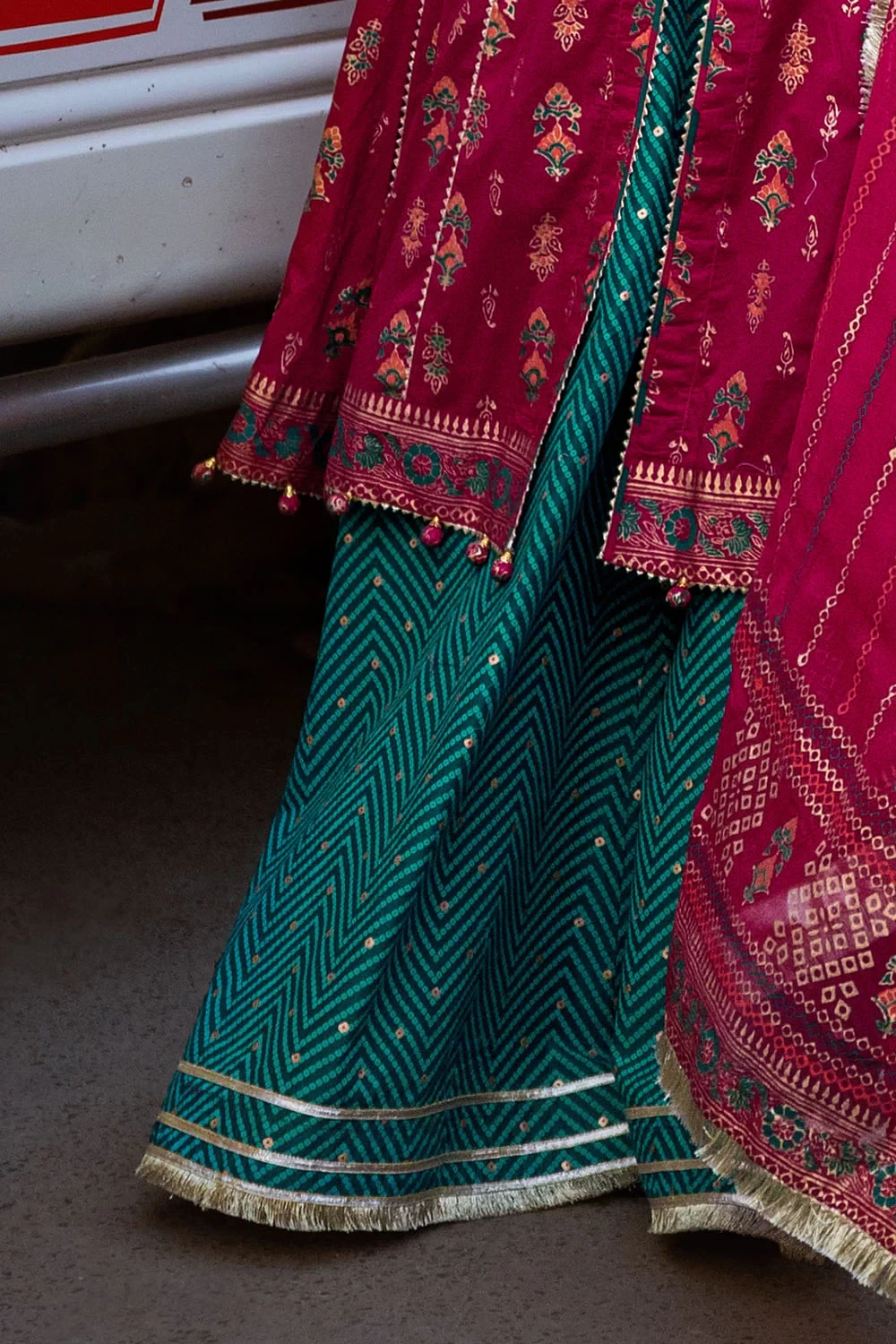 3 Piece Gold and Lacquer Printed Lawn Suit with Gold and Lacquer Printed Chiffon