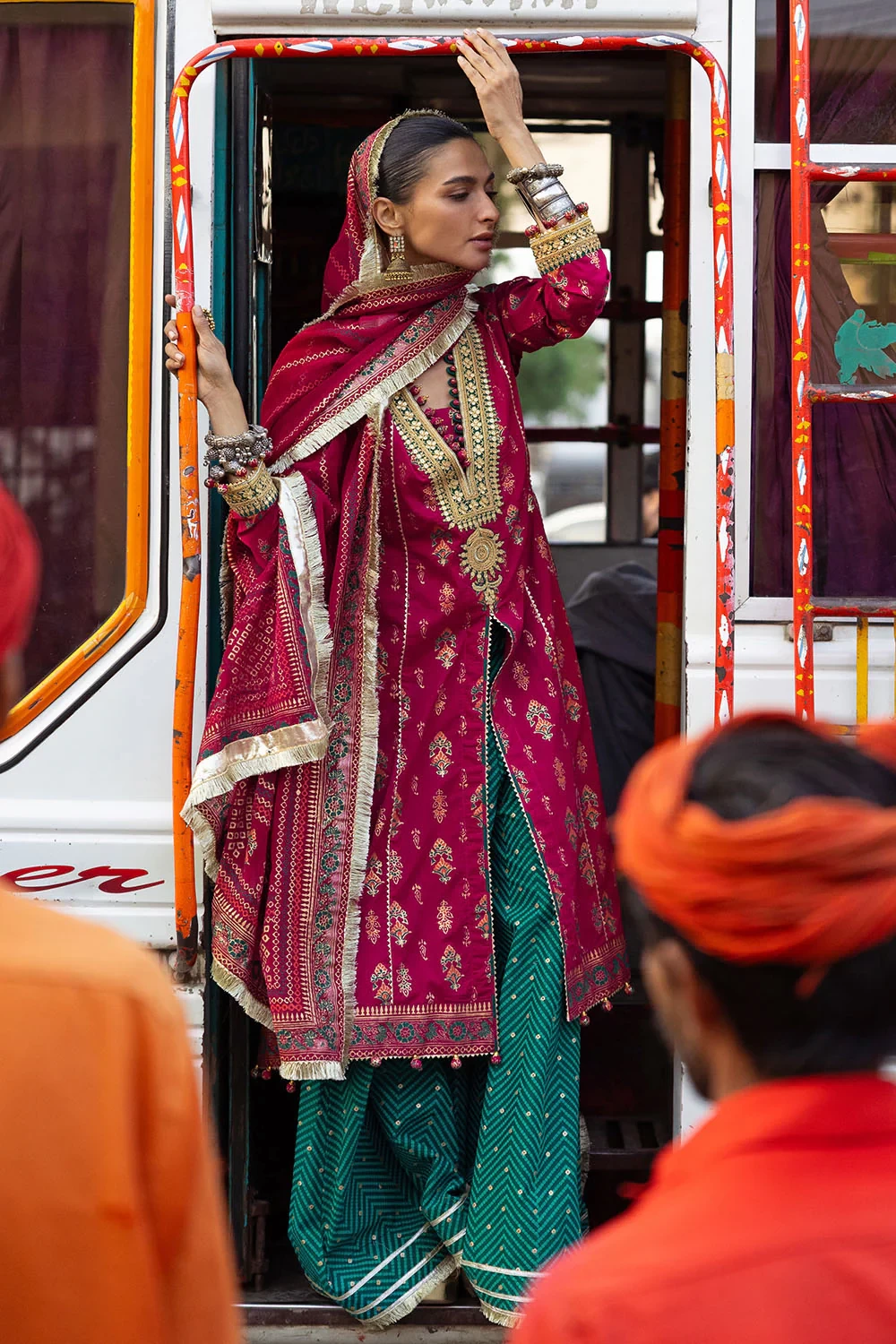 3 Piece Gold and Lacquer Printed Lawn Suit with Gold and Lacquer Printed Chiffon