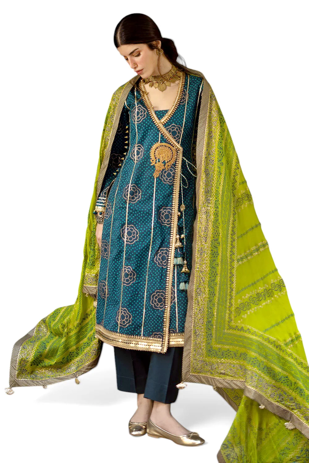 3 Piece Gold and Lacquer Printed Lawn Suit with Gold and Lacquer Printed Chiffon