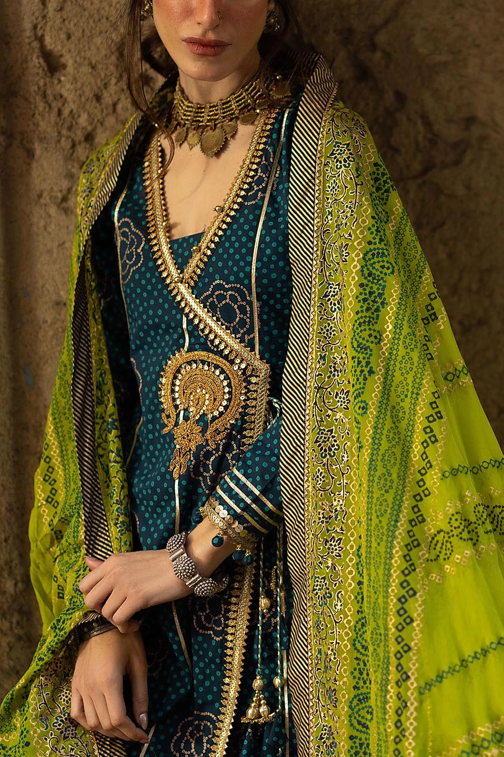 3 Piece Gold and Lacquer Printed Lawn Suit with Gold and Lacquer Printed Chiffon